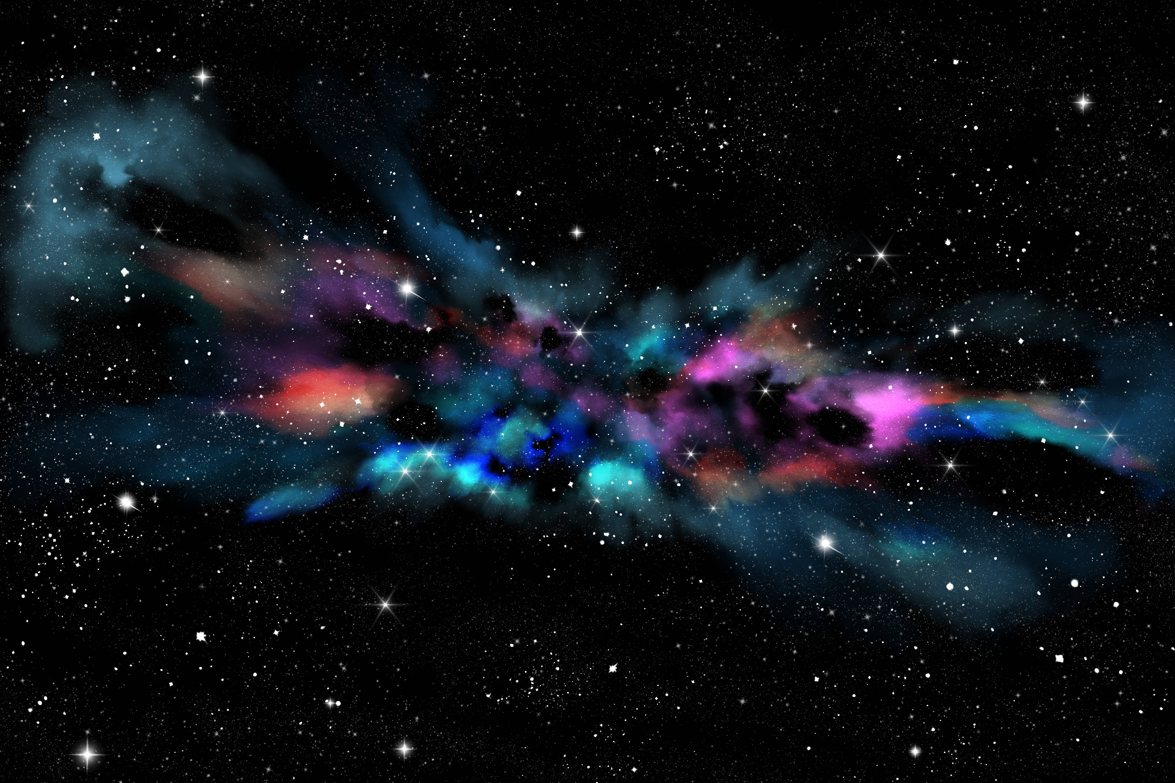 宇宙美學 桌布 壁紙 — 一個充滿活力的宇宙星雲，在深空的星場中旋轉著電光藍、粉紅和橙色。