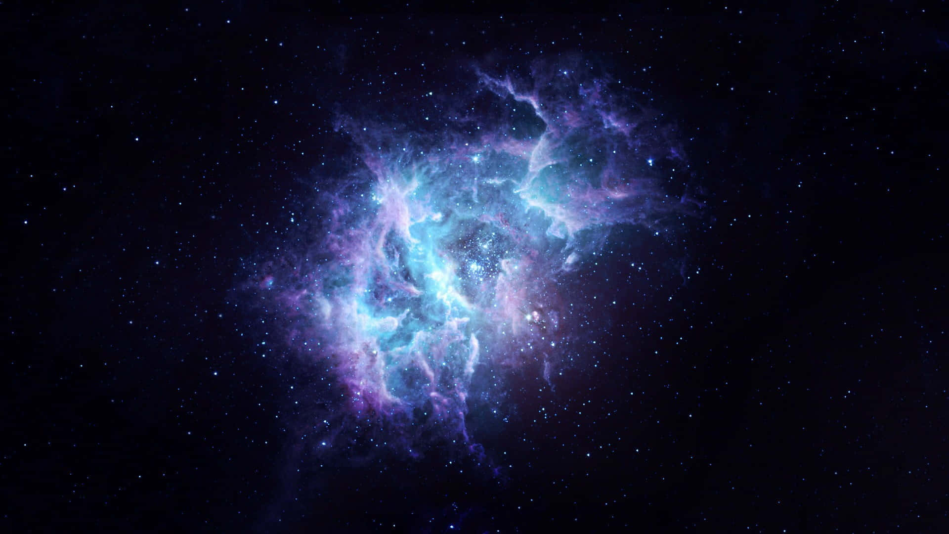 Black And Purple Galaxy 桌布 壁紙 — 一個充滿活力的宇宙星雲，在深空的星場中散發出電藍色和紫色的光芒。