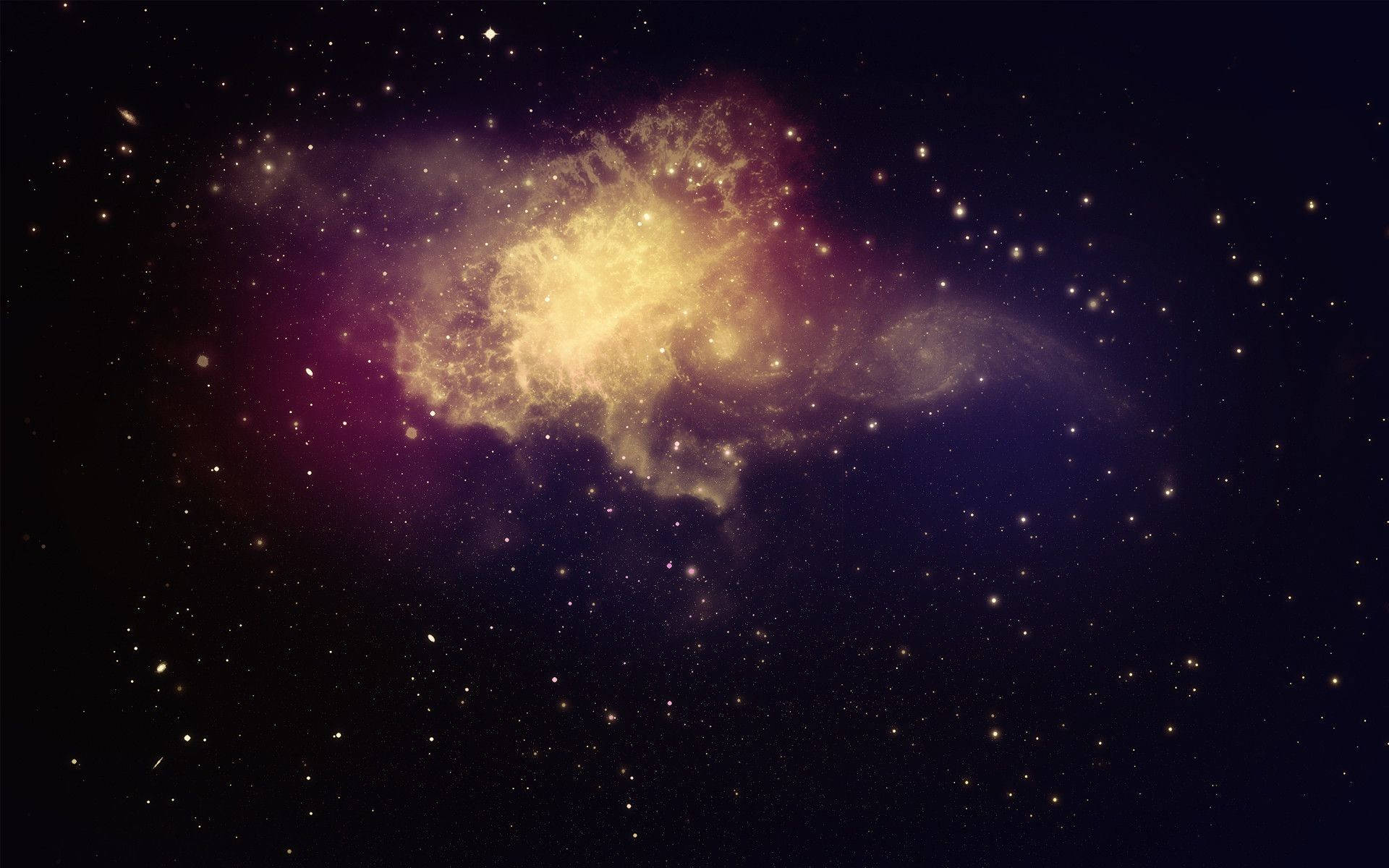 dope iPhone 桌布 壁紙 — 一個充滿活力的宇宙星雲，在深空的星場中散發著金色和紫色的色調。