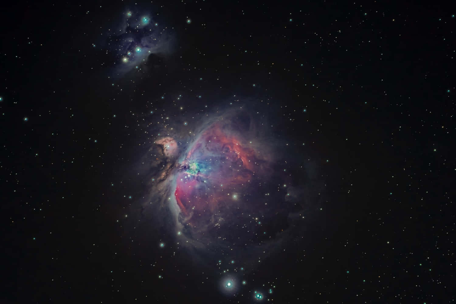 Black Hole Hubble Telescope 桌布 壁紙 — 一個充滿活力的宇宙星雲，在深空的星場中散發著紅色、紫色和藍色的光芒。