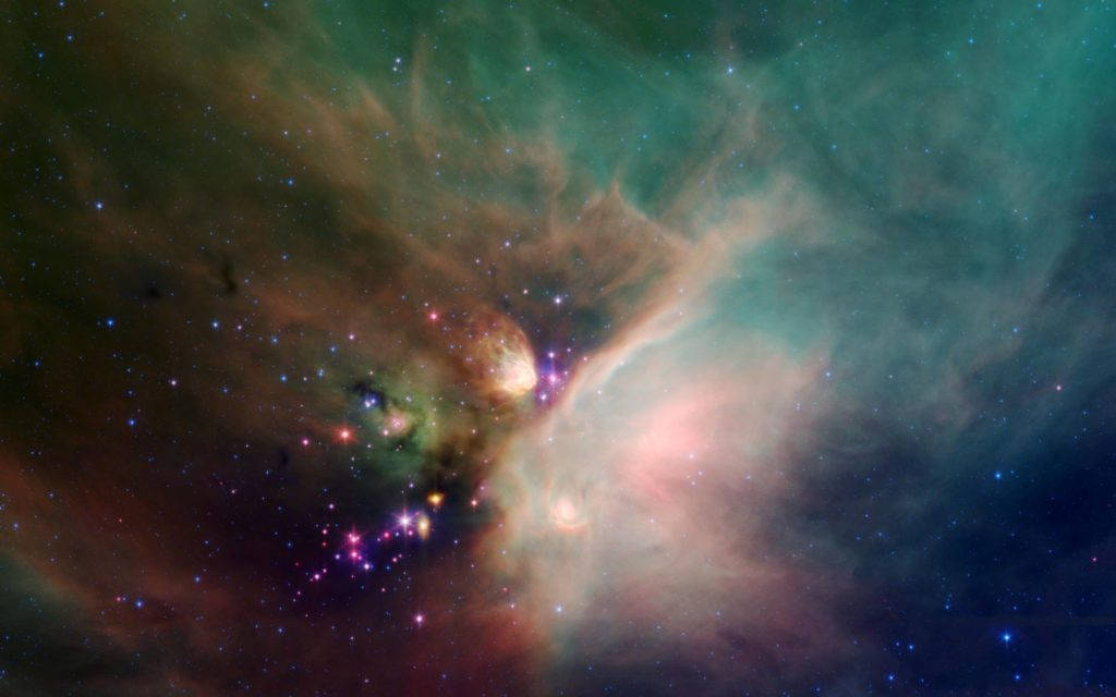 色彩 桌布 壁紙 — 一個充滿活力的宇宙星雲，在深邃太空背景下，由閃爍星星照亮的青綠色、粉紅色和橙色雲團旋轉。