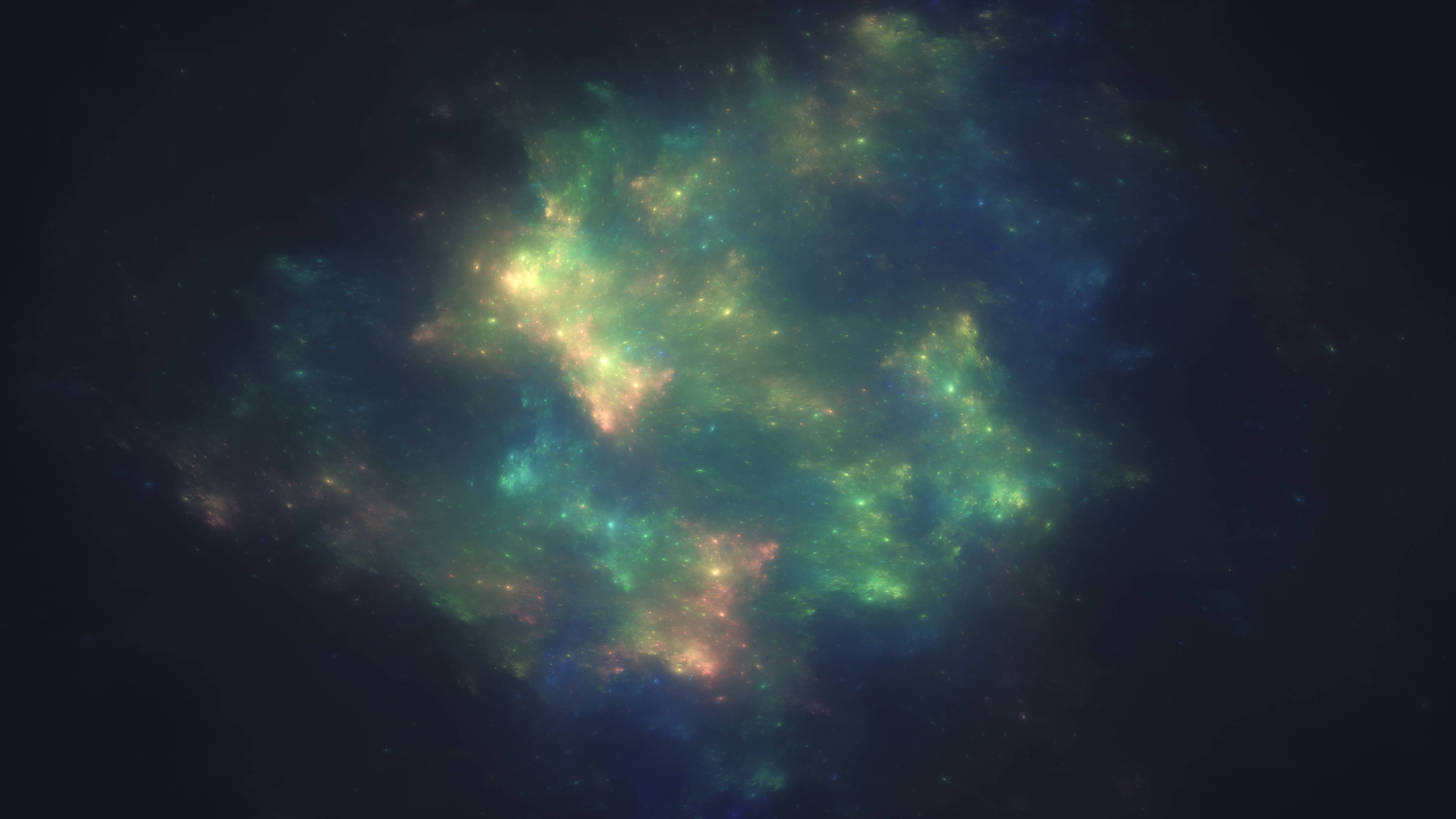 外太空 桌布 壁紙 — 一個充滿活力的宇宙星雲，在深邃的黑色虛空中，點綴著遙遠的星星，旋轉著發光的綠色、藍色和橙色色調。