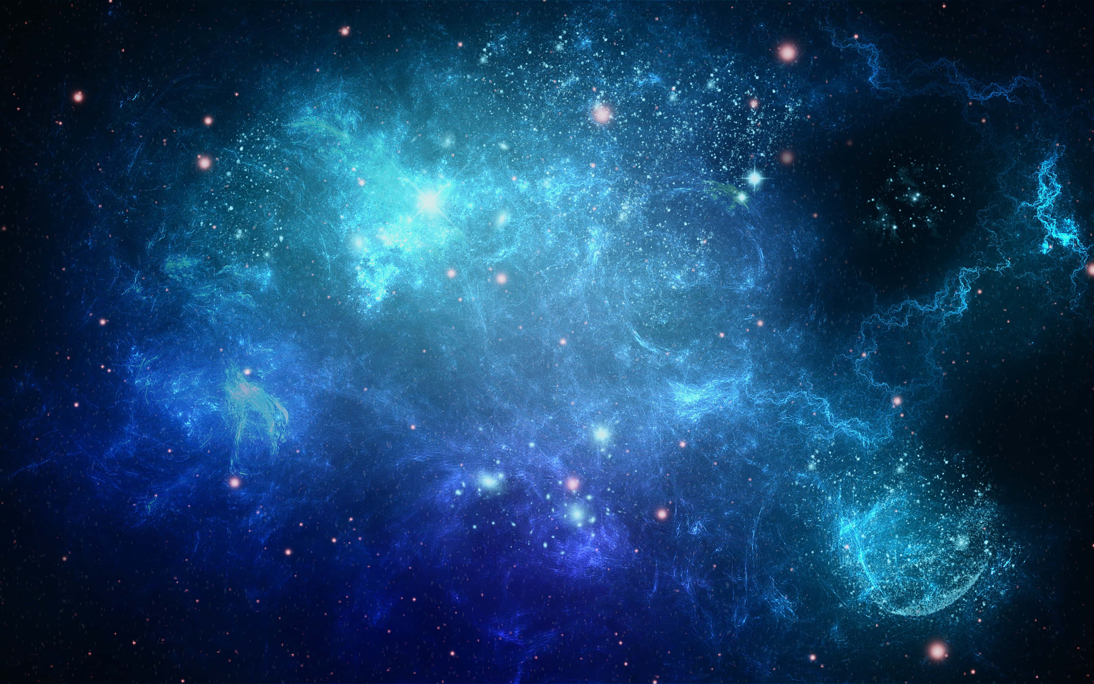 Star Cluster 桌布 壁紙 — 一個充滿活力的宇宙星雲，在深邃的黑色虛空中，由發光的恆星照亮，電藍色和藍綠色氣體旋轉翻騰。