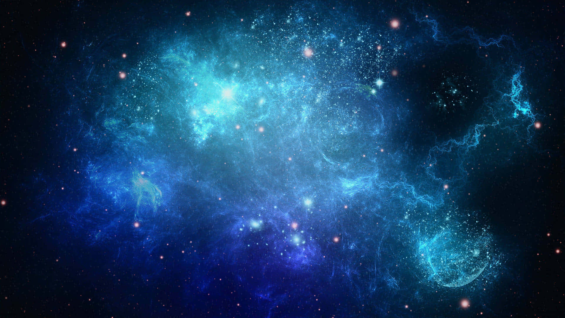 太空 桌布 壁紙 — 一個充滿活力的宇宙星雲，在深邃的黑色虛空中，由散落的閃爍恆星照亮，電藍色和藍綠色氣體旋轉翻騰。