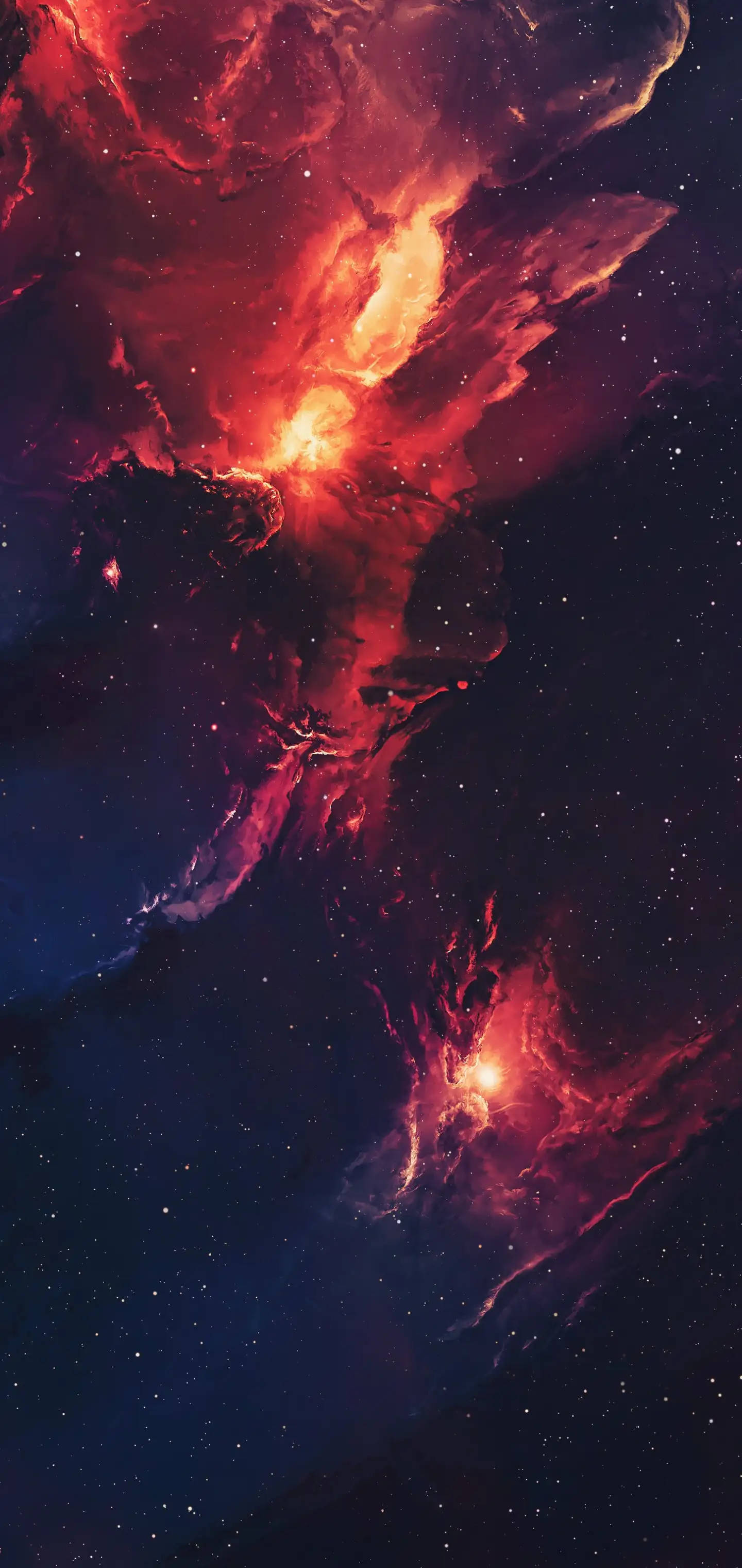 銀河 桌布 壁紙 — 一個充滿活力的宇宙星雲，在繁星點點的深藍色太空背景下，有發光的紅色和橙色雲團。