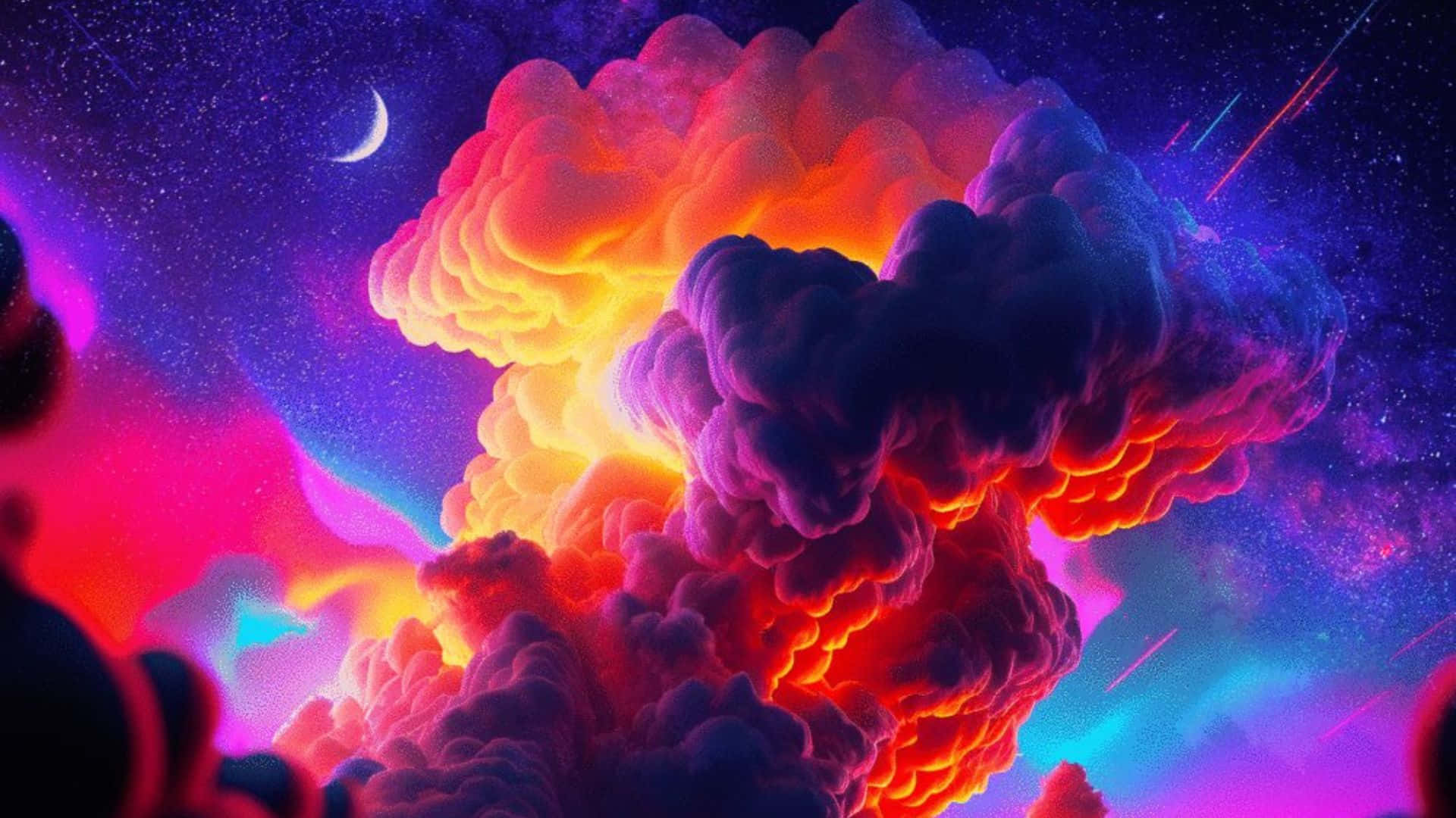 Trippy Sky 桌布 壁紙 — 一個充滿活力的宇宙星雲，在繁星點點的夜空和彎月背景下，爆發著火熱的橙色和電光紫色調。