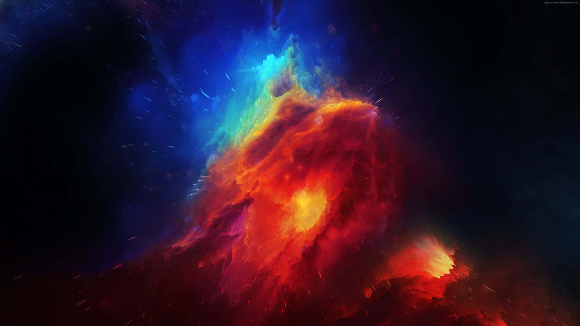 Red Space 桌布 壁紙 — 一個充滿活力的宇宙星雲，在繁星點點的虛空中，以火紅、橙色和電光藍色旋轉。