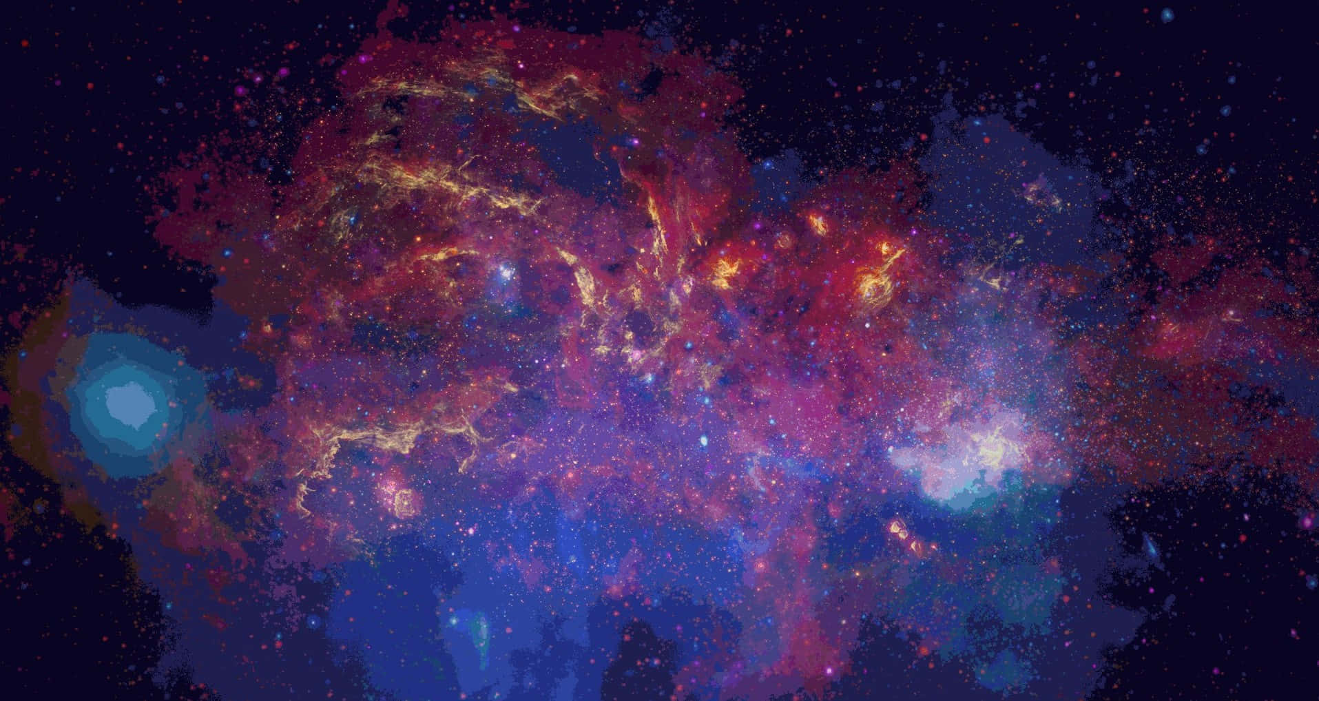 Animated Space 桌布 壁紙 — 一個充滿活力的宇宙星雲，在繁星點點的夜空背景下，旋轉著火紅、金色和深藍色。