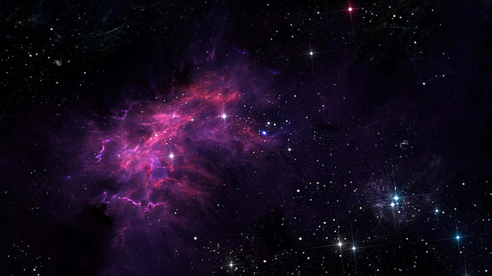 Purple Star 桌布 壁紙 — 一個充滿活力的宇宙星雲，在繁星點點的黑暗太空背景下，散發著電光粉紅和紫色的色調。