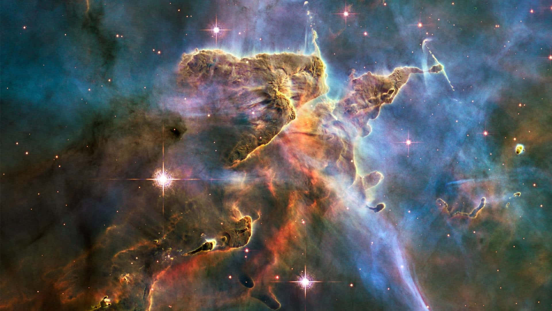 1920 X 1080 Nebula 桌布 壁紙 — 一個充滿活力的宇宙星雲，在黑暗太空背景下，明亮的星星照亮了發光的橙色和藍色雲層。