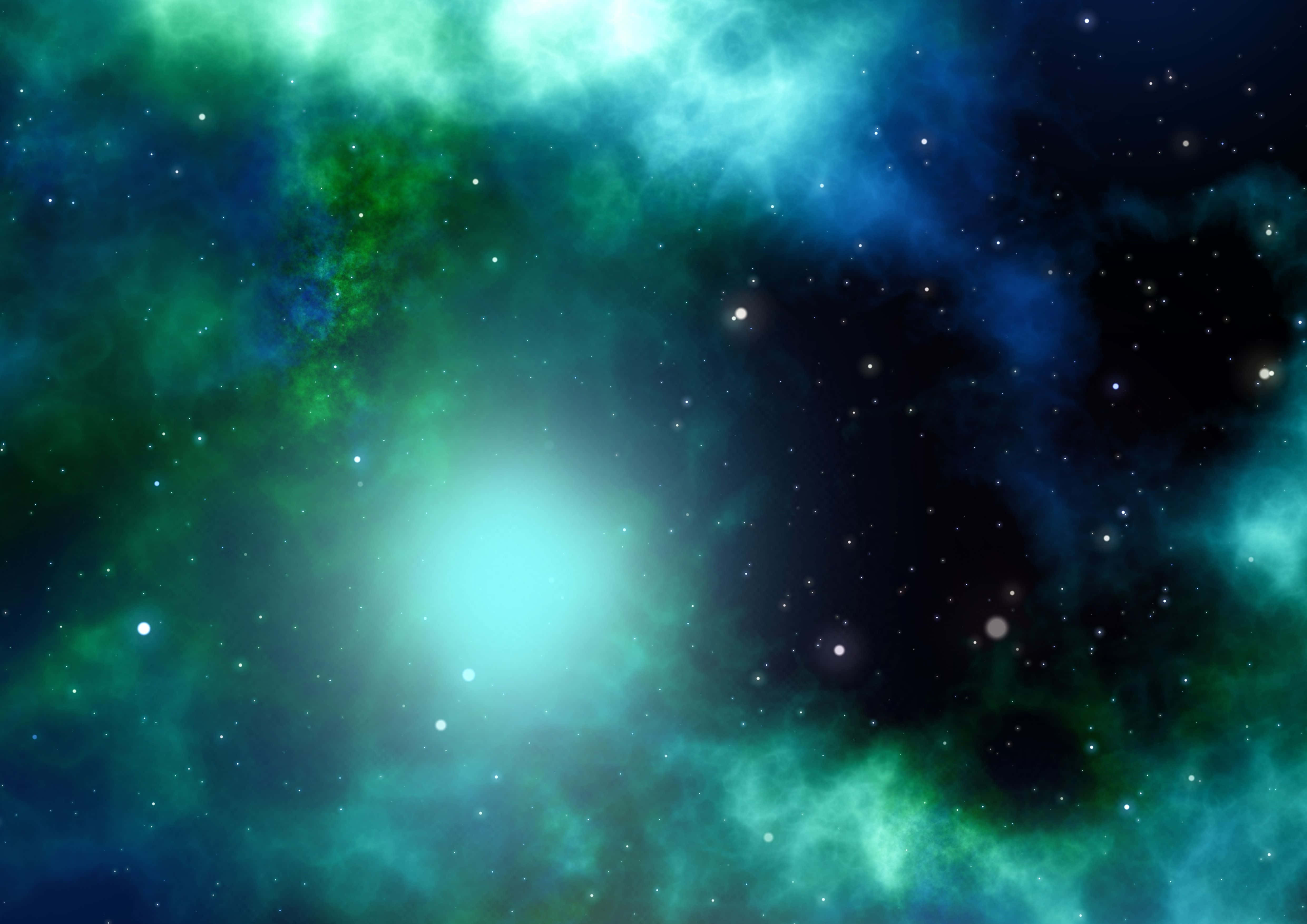 桌布 壁紙 — 一個充滿活力的宇宙星雲，在黑暗的虛空中，閃爍著青綠色和深藍色的氣體，點綴著閃爍的星星。