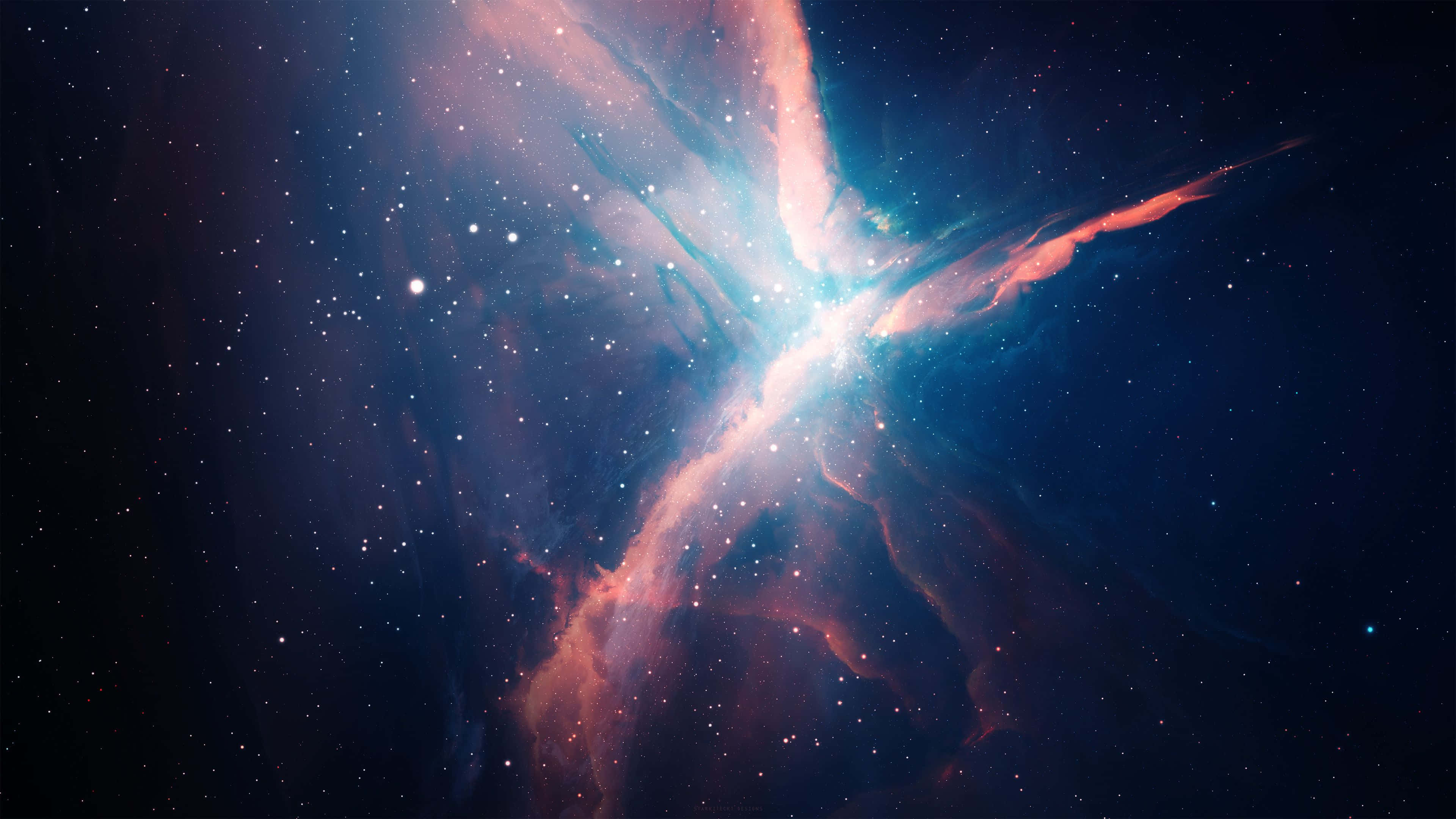 Space Nebula 桌布 壁紙 — 一個充滿活力的宇宙星雲，帶有旋轉的粉紅色和藍色雲彩，在佈滿星星的黑暗太空中散發光芒。