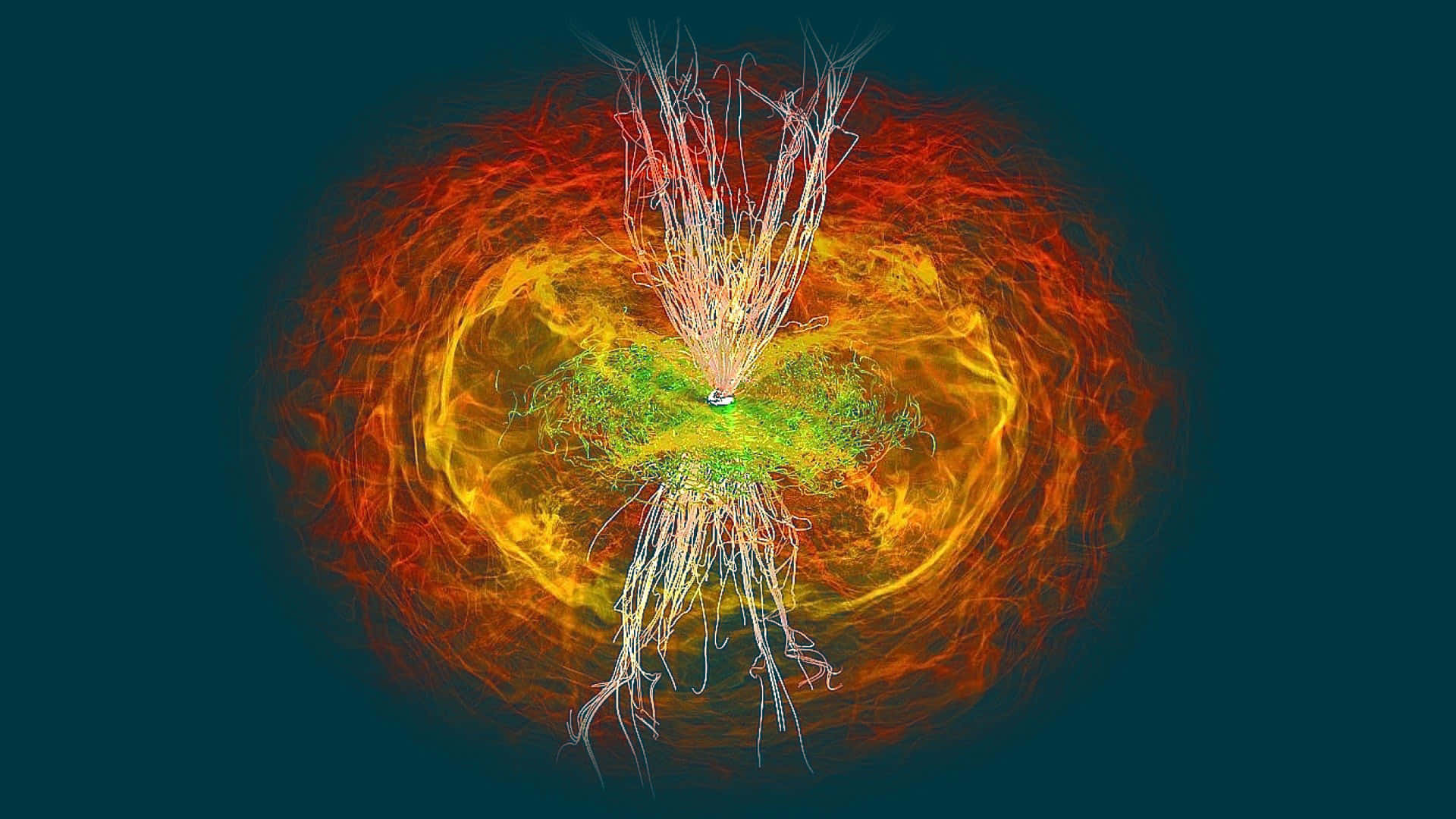 Gravitational Waves 桌布 壁紙 — 一個充滿活力的宇宙星雲，帶有火橙色和黃色的卷鬚，在深藍綠色的虛空中圍繞著發光的綠色核心旋轉。