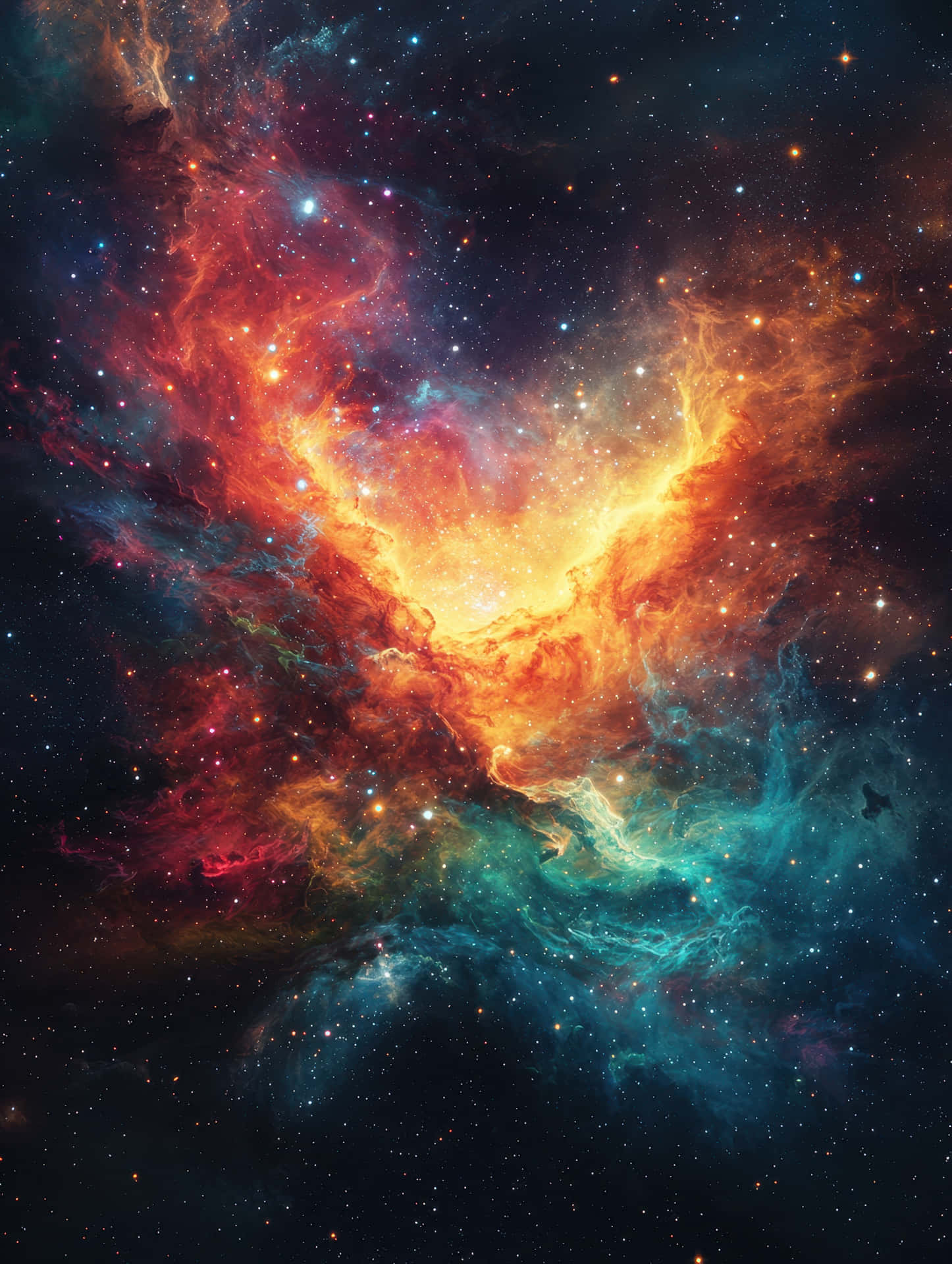 Vibrant Cosmic Nebula with Swirling Colors and Stars in Deep Space 壁紙 — 一個充滿活力的宇宙星雲，帶有火橙色和藍綠色的雲團，圍繞著一個佈滿無數恆星的明亮核心旋轉。