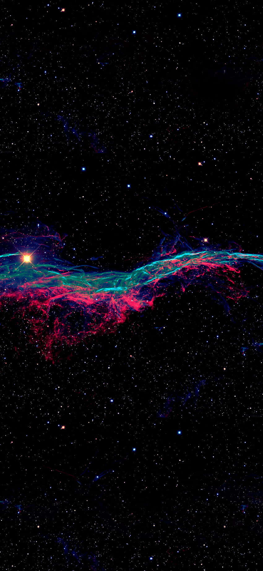 Black 桌布 壁紙 — 一個充滿活力的宇宙星雲，帶有發光的粉紅色和藍綠色卷鬚，橫跨佈滿星星的黑色虛空。