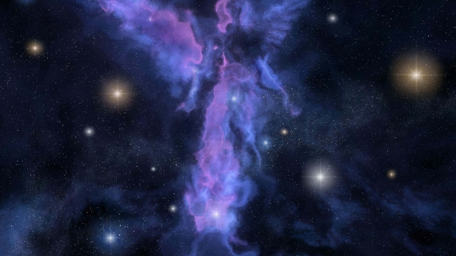 天使 桌布 壁紙 — 一個充滿活力的宇宙星雲，有旋轉的紫色和藍色雲層，被發光的星星照亮，背景是黑暗的星場。
