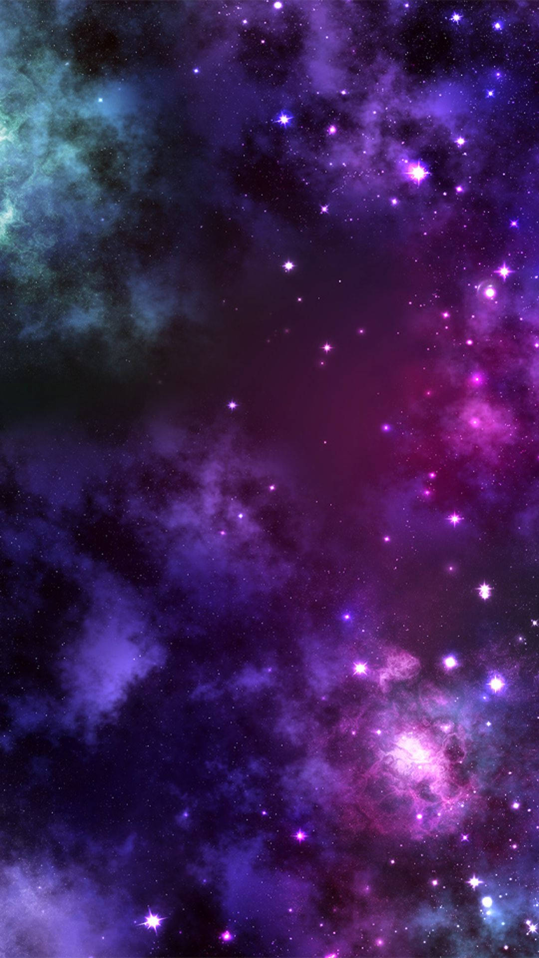 銀河 桌布 壁紙 — 一個充滿活力的宇宙星雲，紫色、粉紅色和藍綠色的雲層中點綴著閃爍的星星，在黑暗的虛空中旋轉。