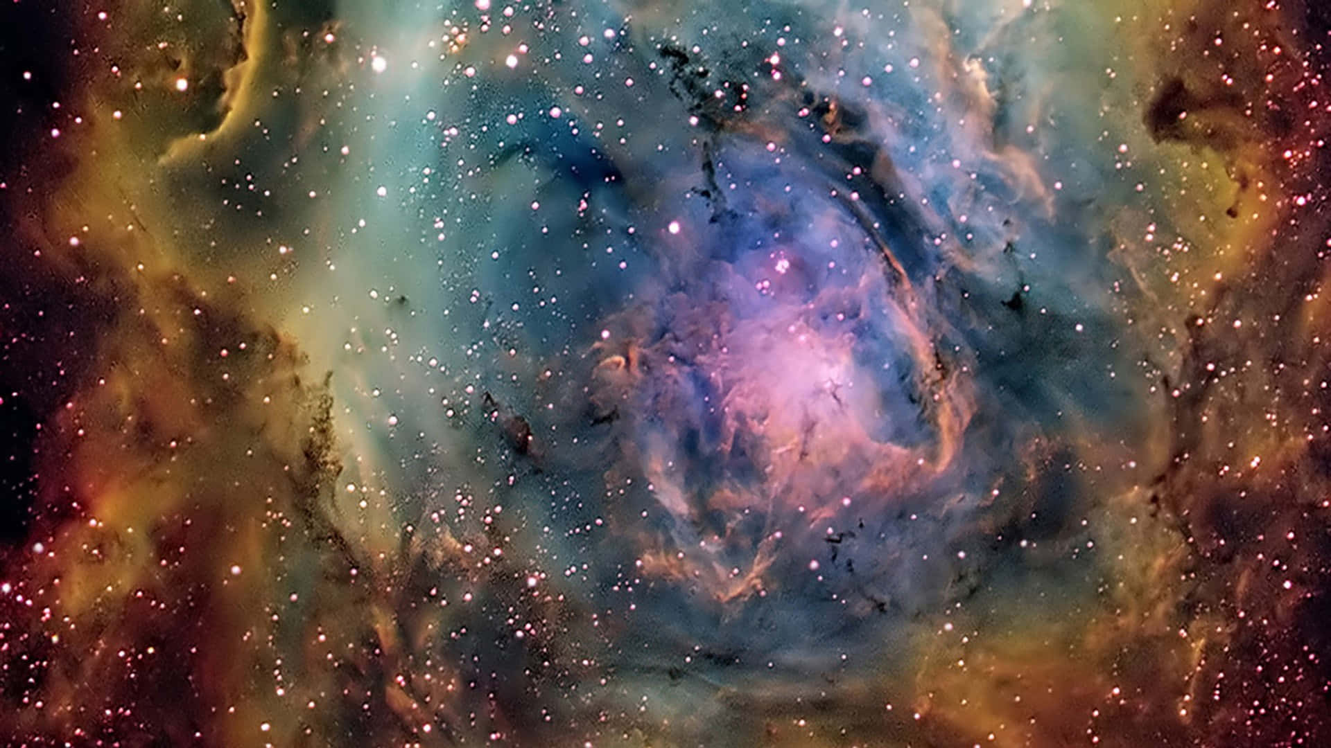 1920 X 1080 Nebula 桌布 壁紙 — 一個充滿活力的宇宙星雲，紫色、藍色和橙色的雲層中點綴著無數閃爍的星星。