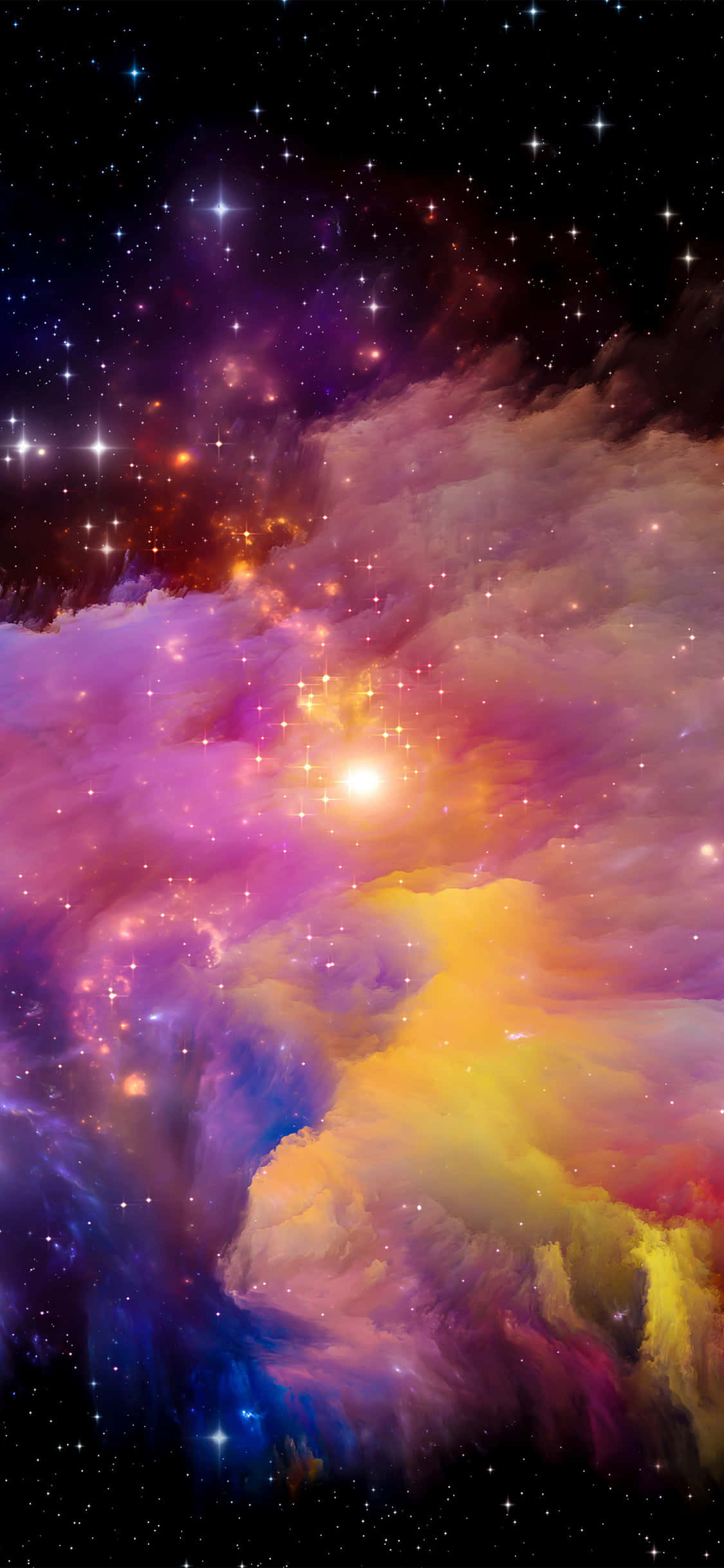 iPhone X Nature 桌布 壁紙 — 一個充滿活力的宇宙星雲，紫色、黃色和藍色的雲層在黑暗的星場中由發光的星星照亮並旋轉。