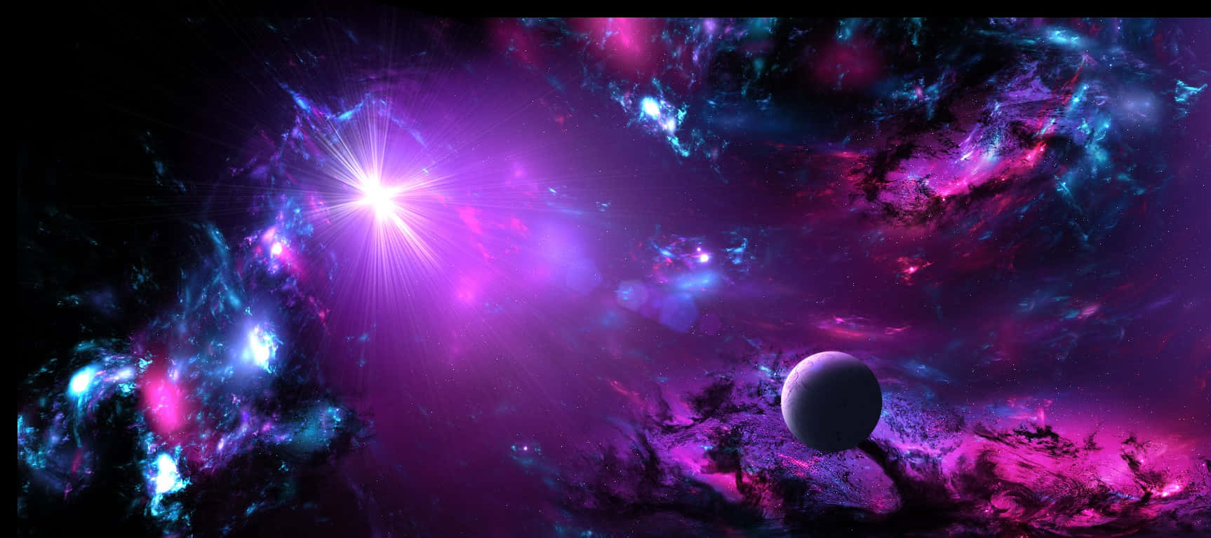 Fantasy Space 桌布 壁紙 — 一個充滿活力的宇宙星雲，紫色和藍綠色的雲環繞著一顆明亮的恆星和一顆遙遠的行星旋轉。