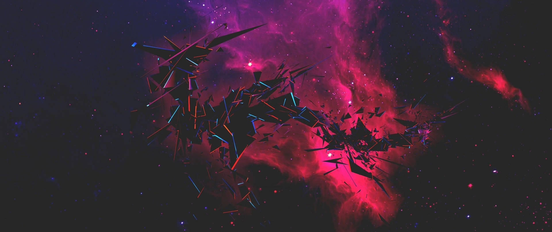 抽象幾何形狀漂浮在色彩繽紛的宇宙星雲中，帶有粉紅色和紫色色調。 — 2560x1080 動態桌布 壁紙