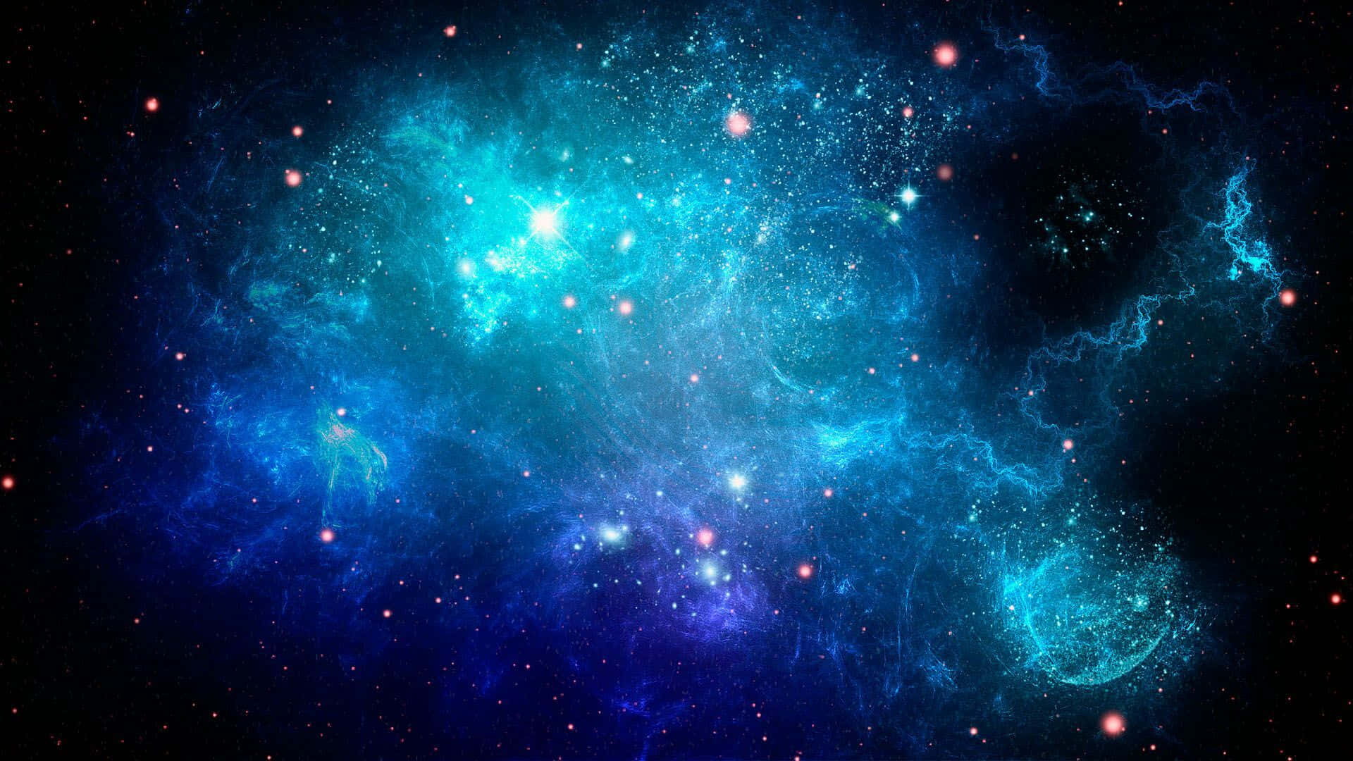 宇宙 桌布 壁紙 — 一個充滿活力的宇宙星雲，電光藍色和藍綠色氣體旋轉，點綴著發光的星星，背景是深邃的黑色虛空。