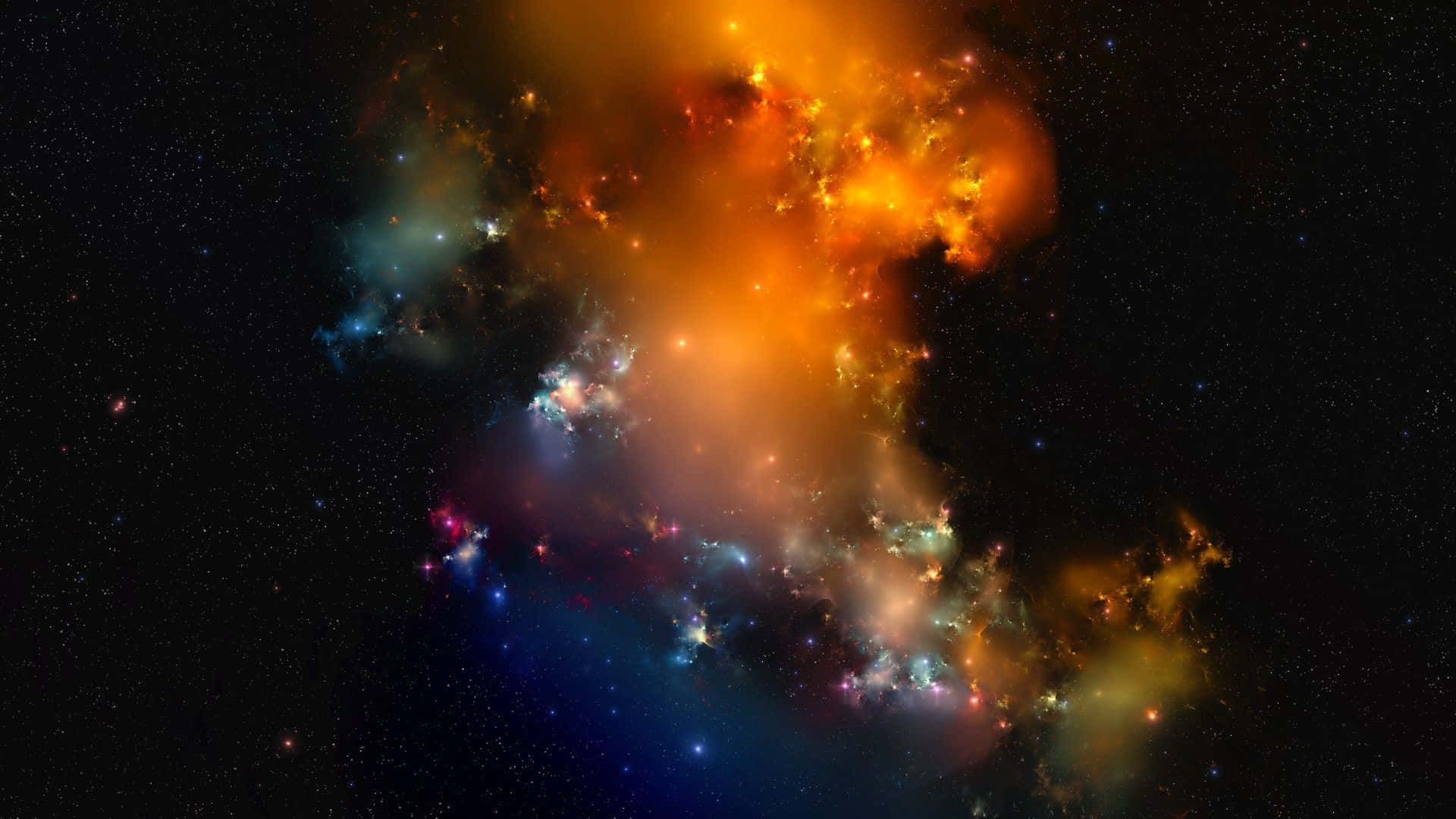 Colorful Space 桌布 壁紙 — 一個充滿活力的宇宙星雲在佈滿星星的黑色虛空中爆發熾熱的橙色和冷藍色氣體。