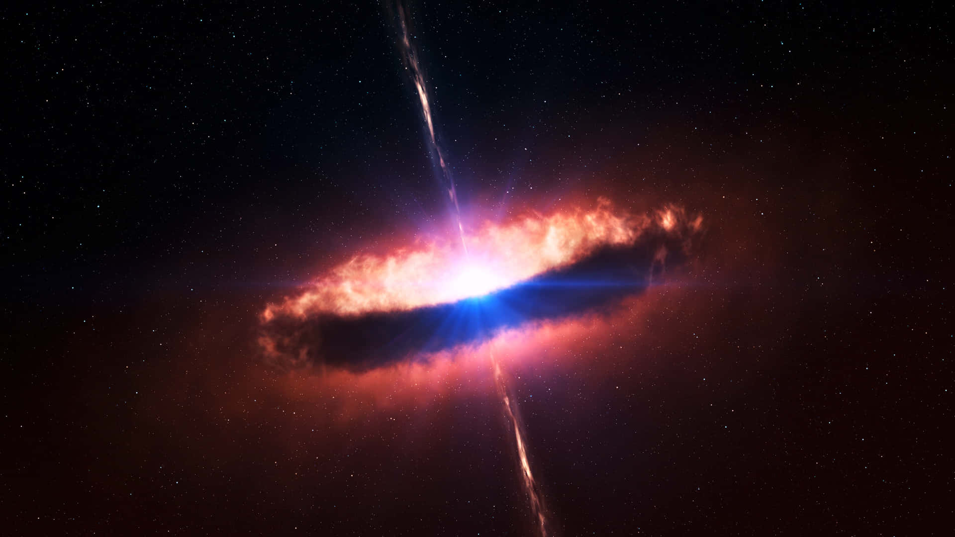 Deep Space HD 桌布 壁紙 — 一個充滿活力的宇宙星雲在佈滿星星的黑色虛空中散發出火紅和電藍的光芒。