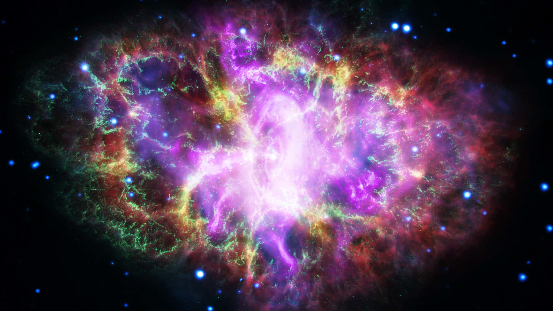 1920 X 1080 Nebula 桌布 壁紙 — 一個充滿活力的宇宙星雲在佈滿星星的黑色虛空中爆發著紫色、粉紅色和綠色的氣體。
