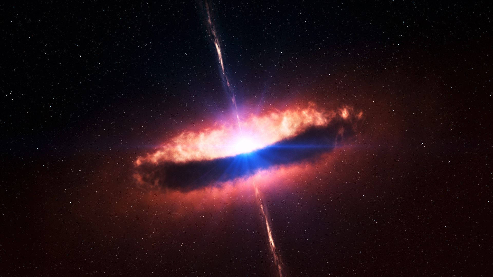 Stars 桌布 壁紙 — 一個充滿活力的宇宙星雲在星空背景下發出火紅和電藍的光芒。