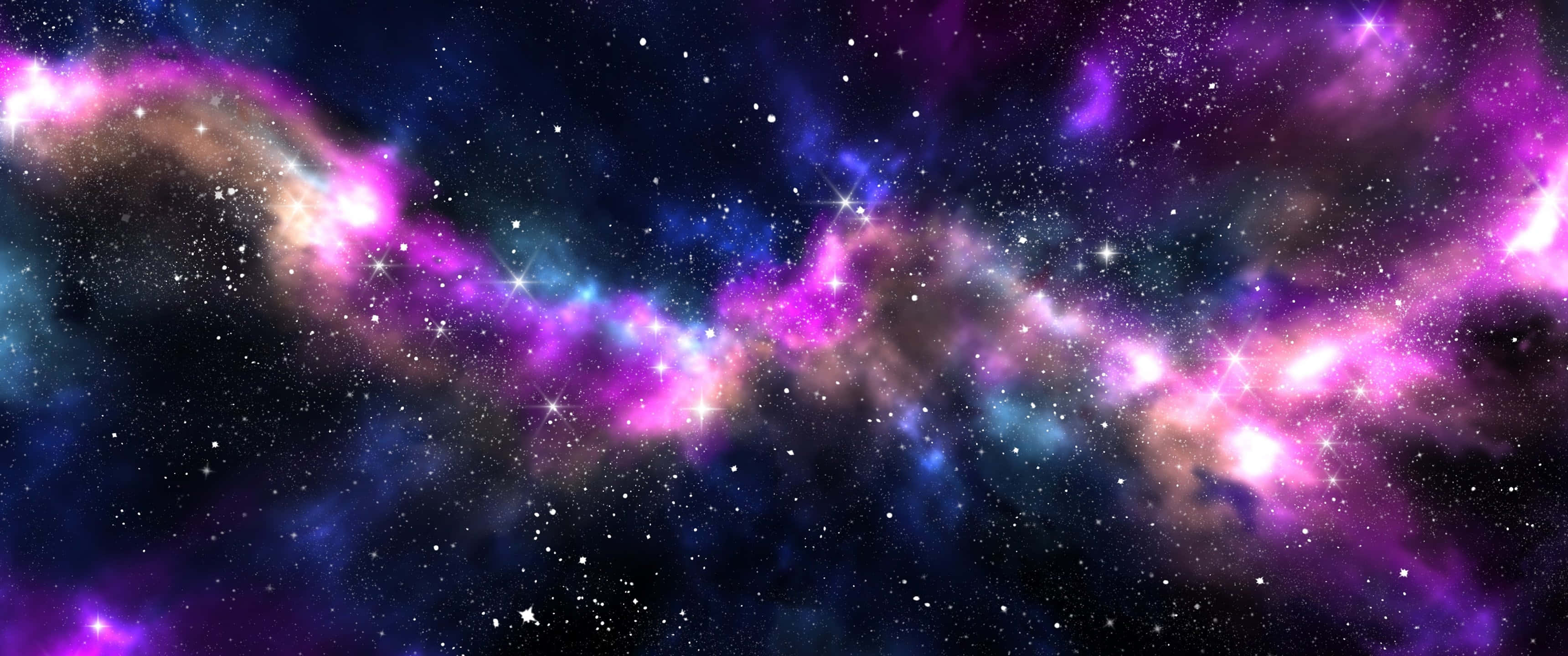 Ultra Wide 3440x1440 Space 桌布 壁紙 — 一個充滿活力的宇宙星雲在深空中以粉紅色、紫色和藍色色調旋轉，背景是星場。