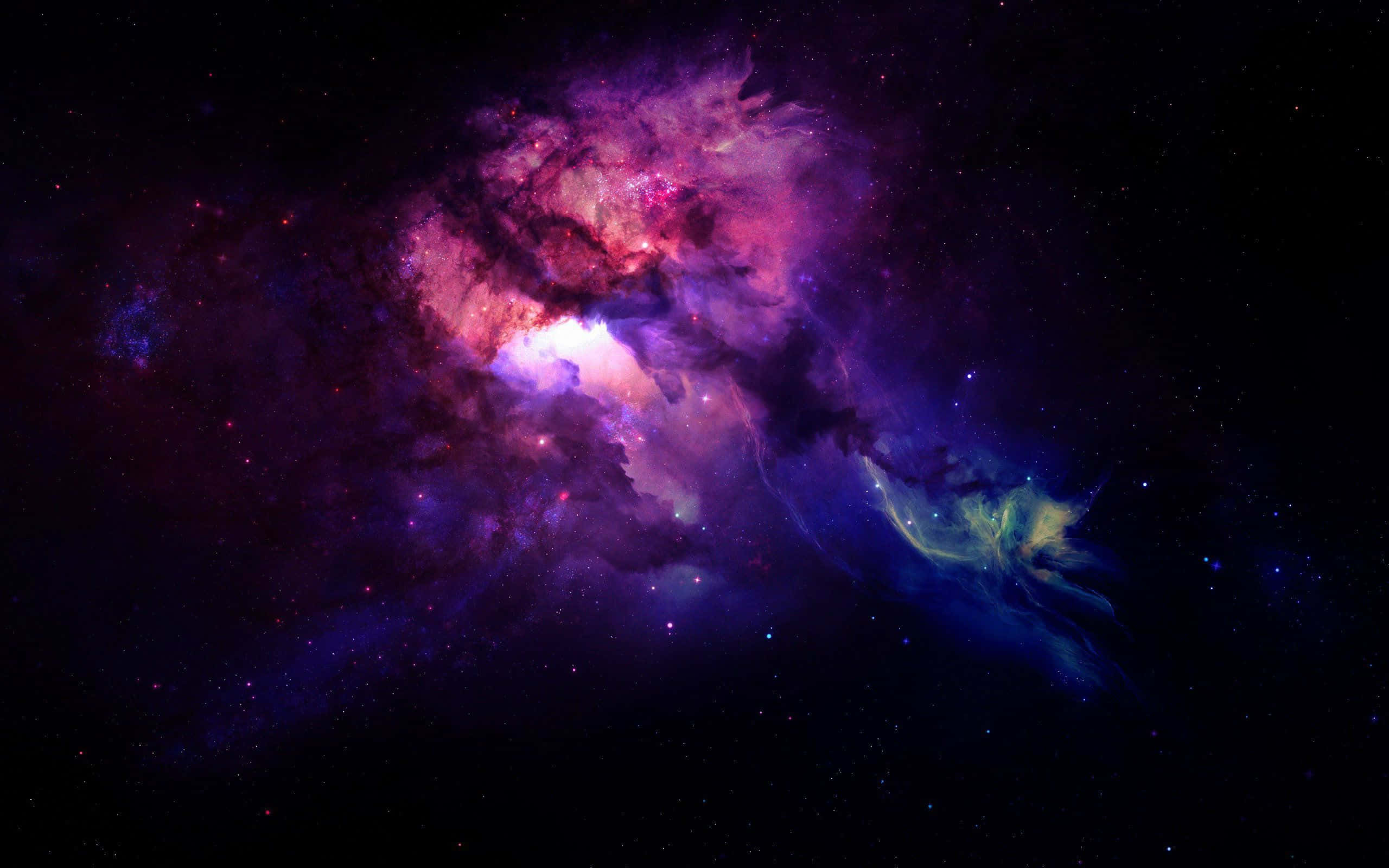 Galaxy Themed Paintings 桌布 壁紙 — 一個充滿活力的宇宙星雲在深空中旋轉，帶有發光的粉紅色、紫色和藍色雲彩，背景是星場。