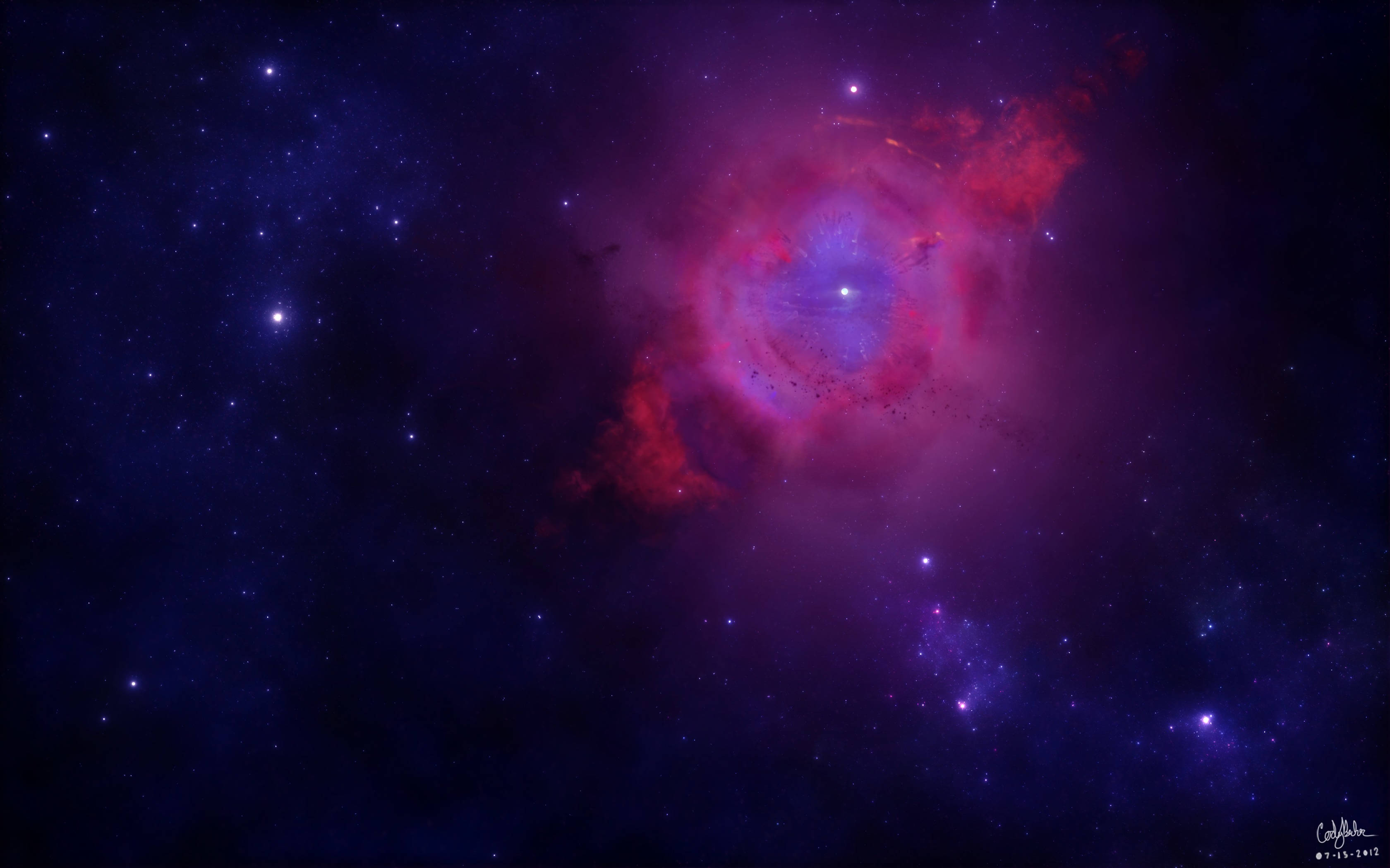銀河 桌布 壁紙 — 一個充滿活力的宇宙星雲在深空星場中散發出紅色和紫色的光芒。