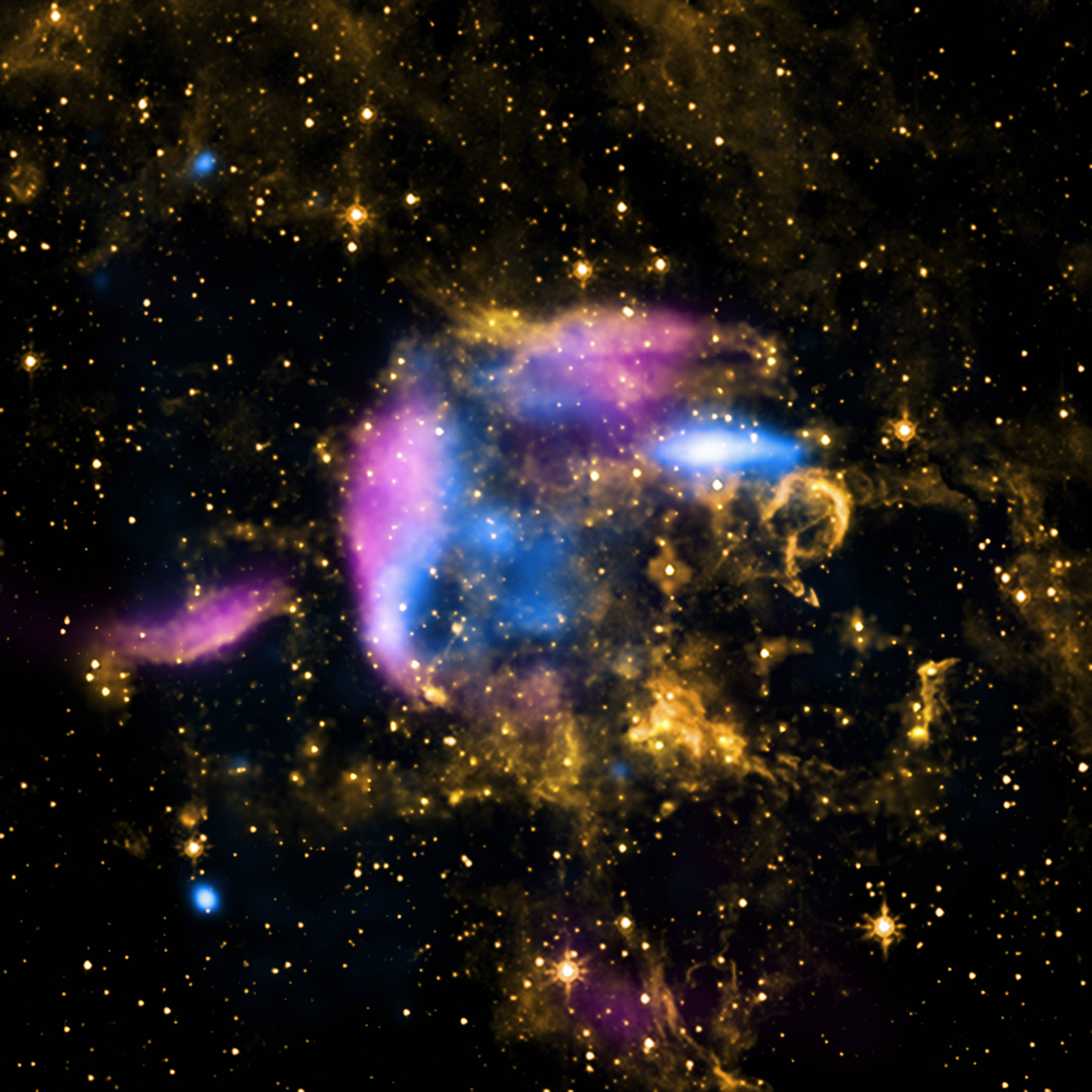 Universal 桌布 壁紙 — 一個充滿活力的宇宙星雲在深空星場中散發著紫色、藍色和金色的光芒。