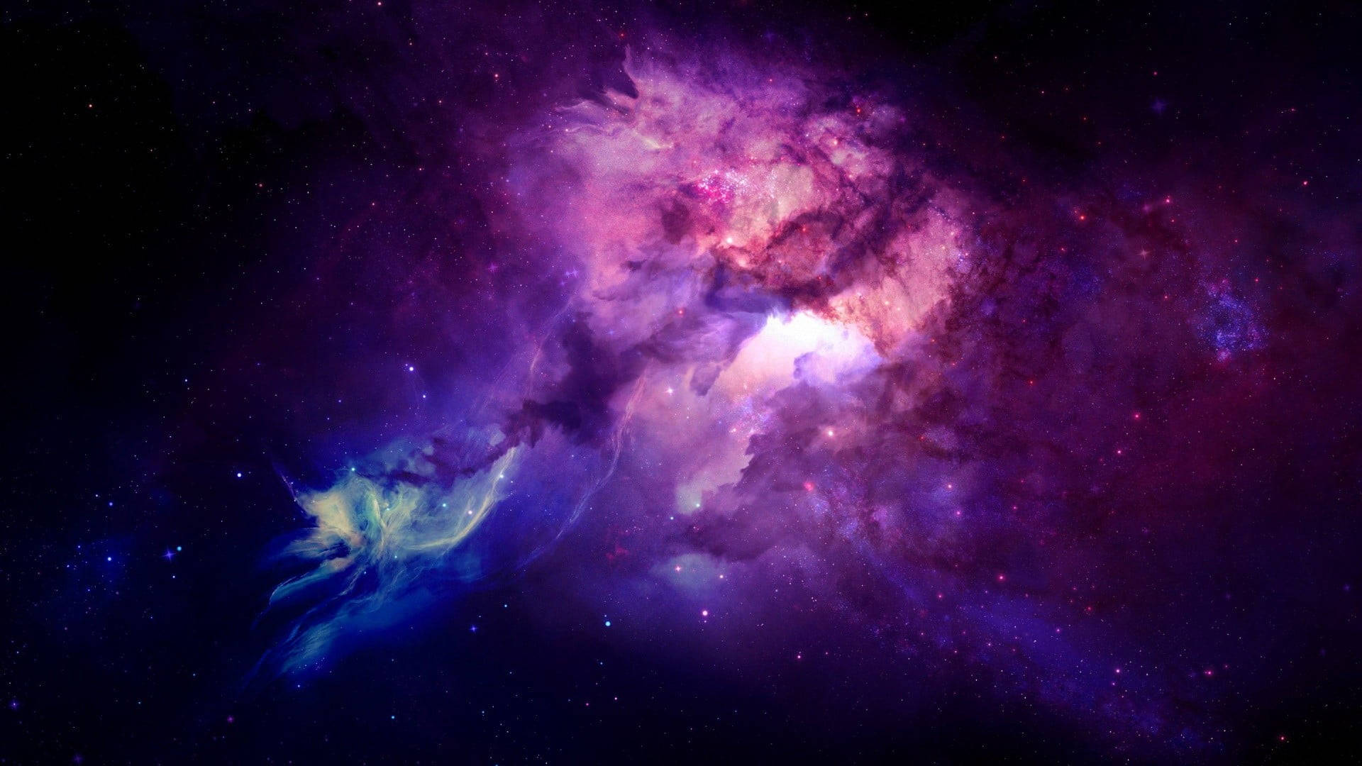 太空美學動圖 桌布 壁紙 — 一個充滿活力的宇宙星雲在深紫色、粉紅色和藍色的色調中旋轉，背景是星空。