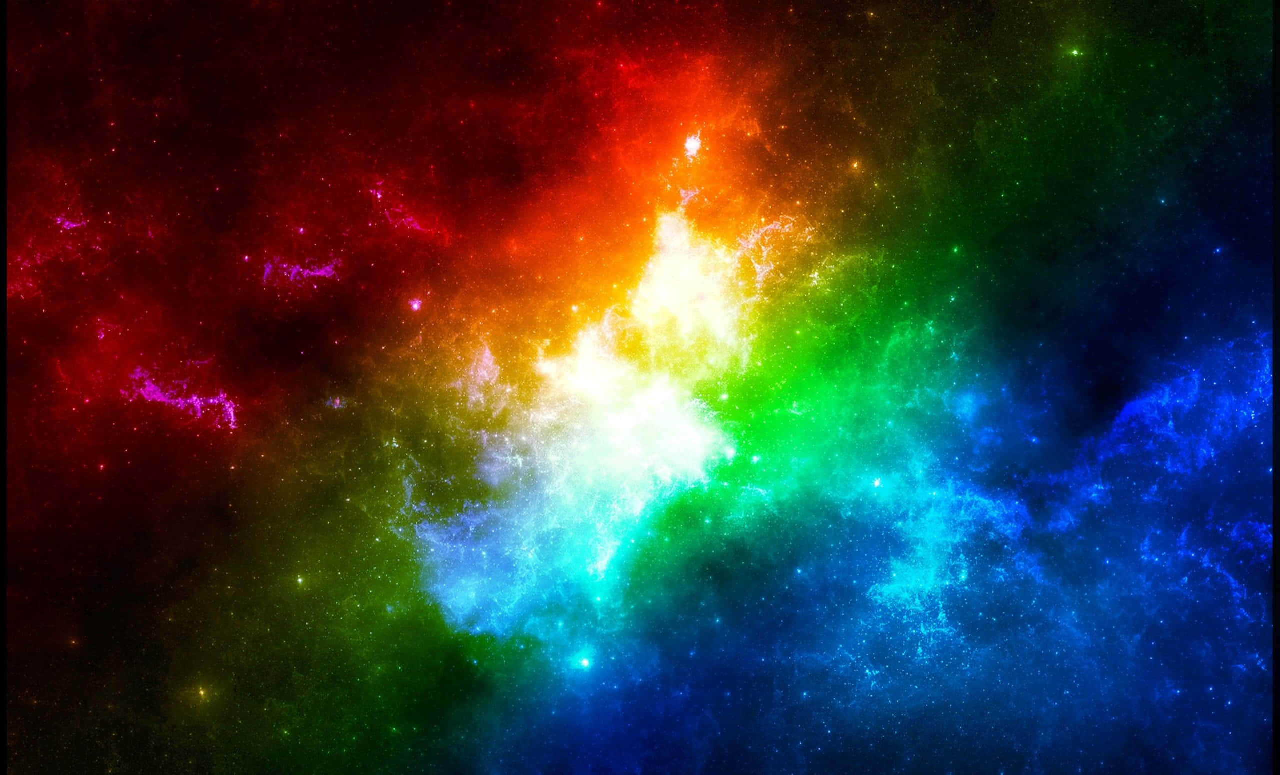 彩色動畫 桌布 壁紙 — 一個充滿活力的宇宙星雲在繁星點點的虛空中爆炸出紅、橙、黃、綠、藍、紫的彩虹色調。