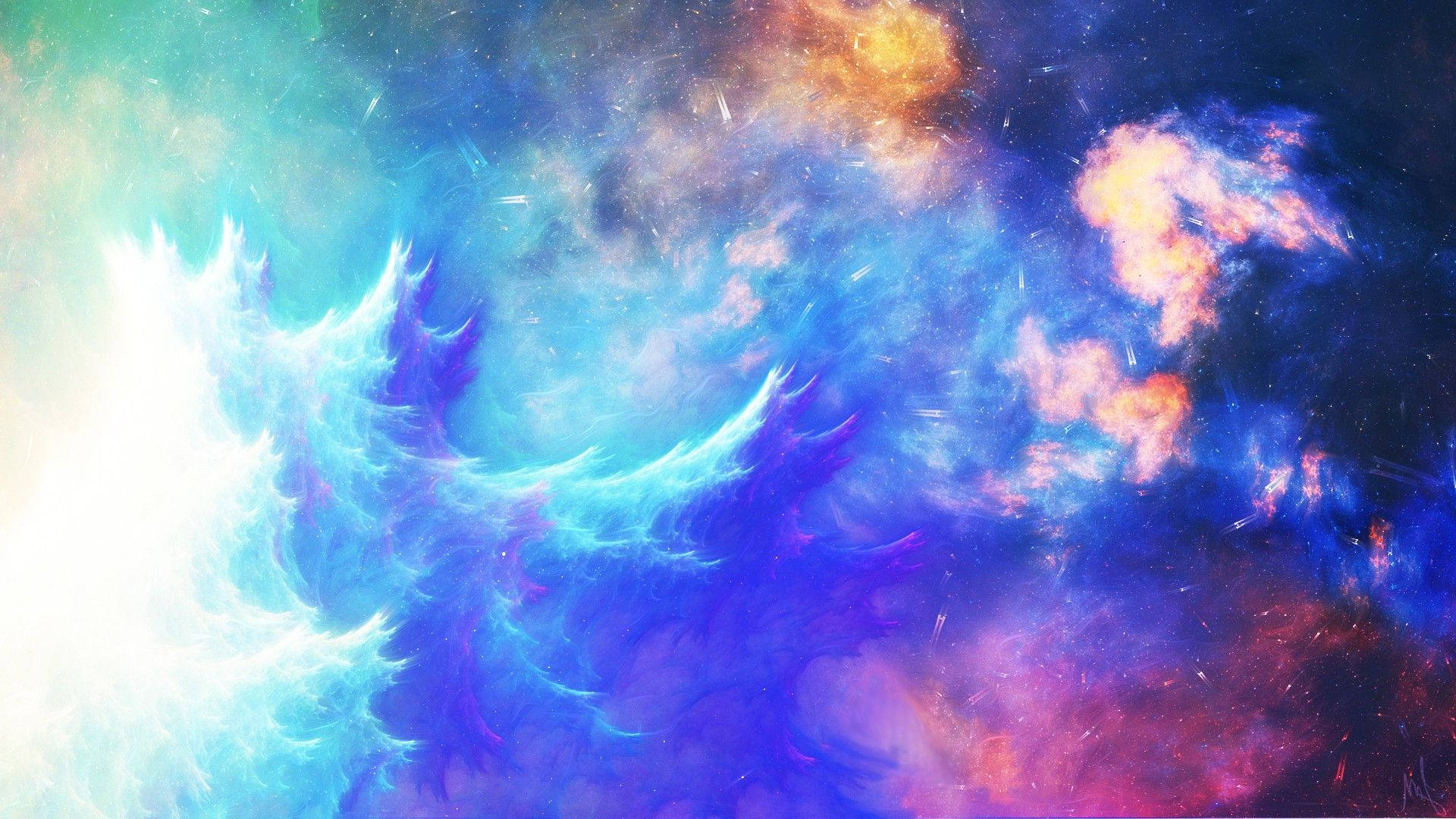 Deviantart 桌布 壁紙 — 一個充滿活力的宇宙星雲在繁星點點的虛空中旋轉，帶有電光藍、紫色和火熱的橙色。