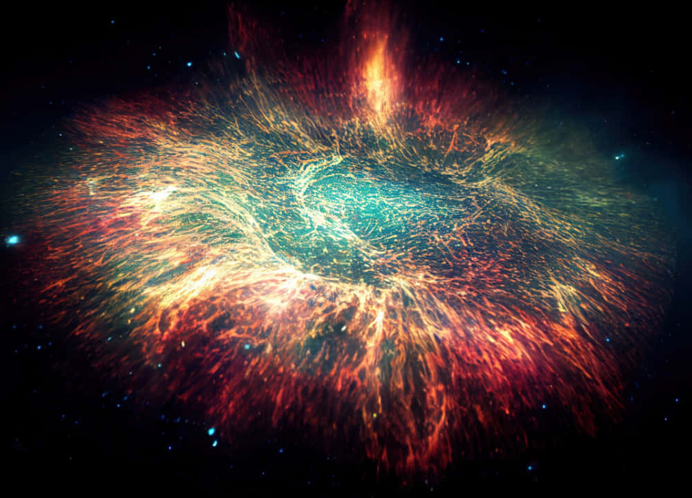 Cosmic Microwave 桌布 壁紙 — 一個充滿活力的宇宙星雲在繁星點點的黑色虛空中爆發，呈現出火紅、橙色和發光的青綠色。