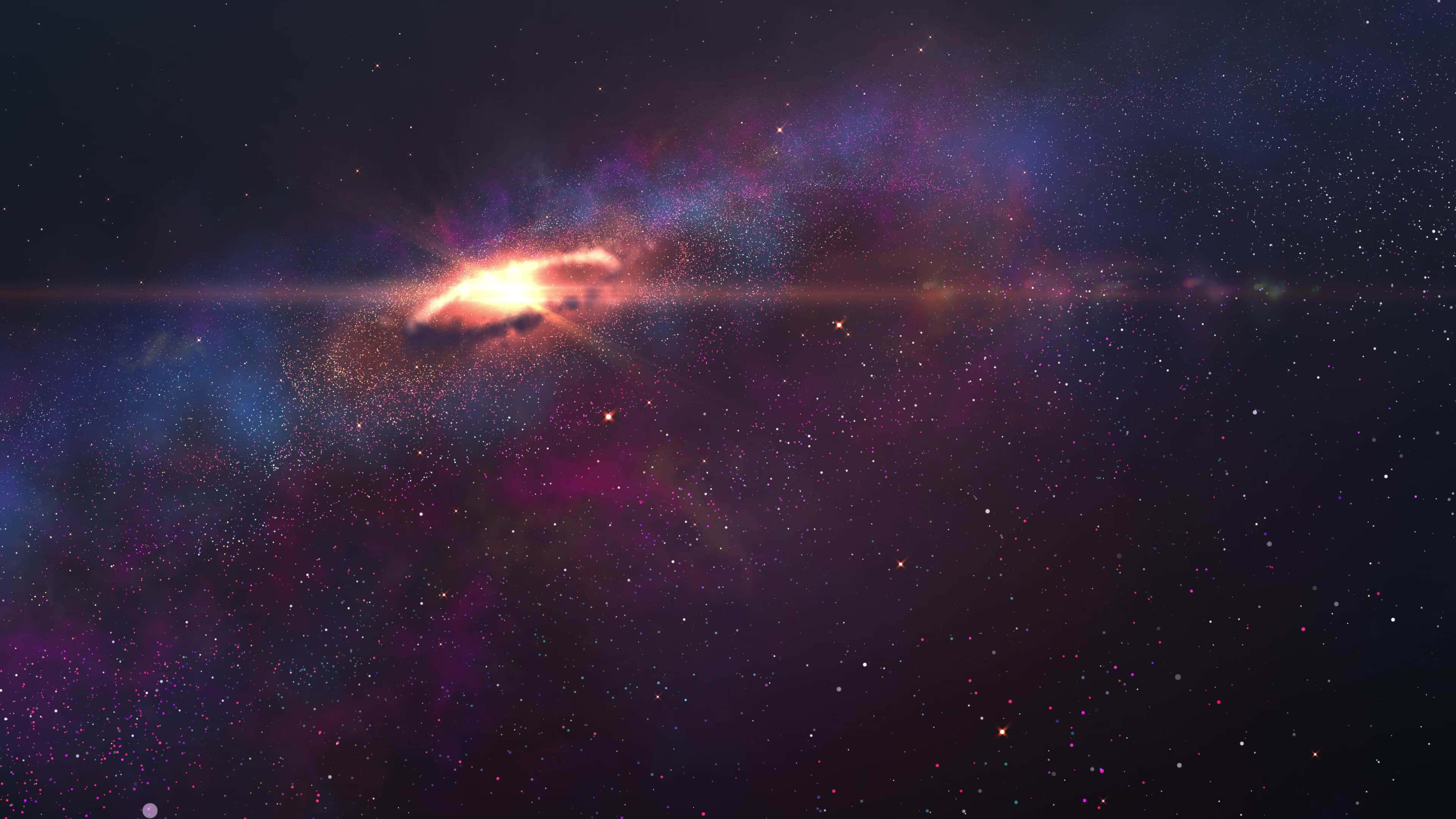 4K 太空 桌布 壁紙 — 一個充滿活力的宇宙星雲在黑暗的宇宙天空下，以火熱的橙色和深紫色色調在星場中發光。