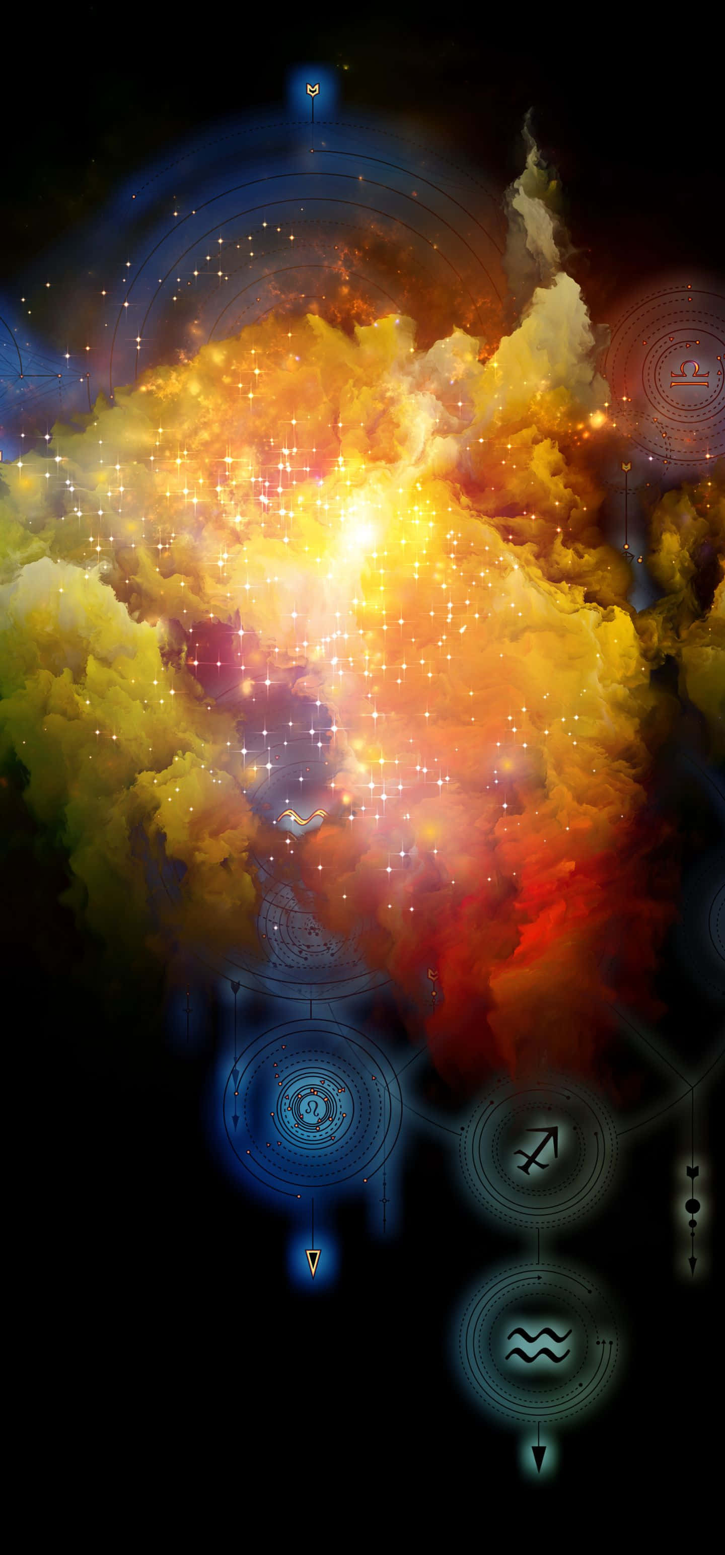 1440x3088 桌布 壁紙 — 一個充滿活力的宇宙星雲在黑暗虛空中爆炸出火熱的黃色和橙色，周圍環繞著發光的占星符號和圓形界面。