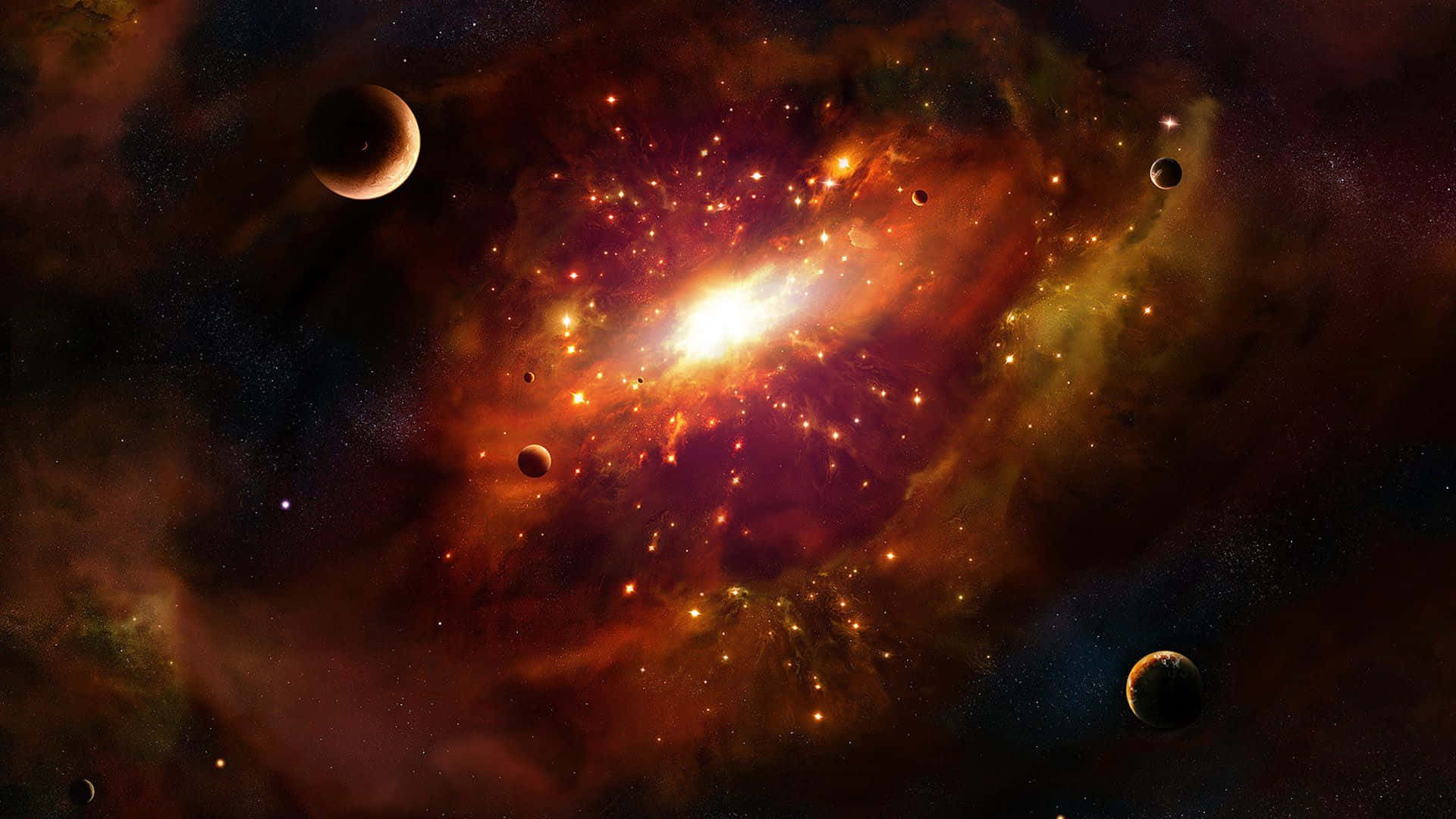 3d Star 桌布 壁紙 — 一個充滿活力的宇宙星雲散發著火熱的橙色和深紅色調，行星在繁星點點的虛空中漂流。