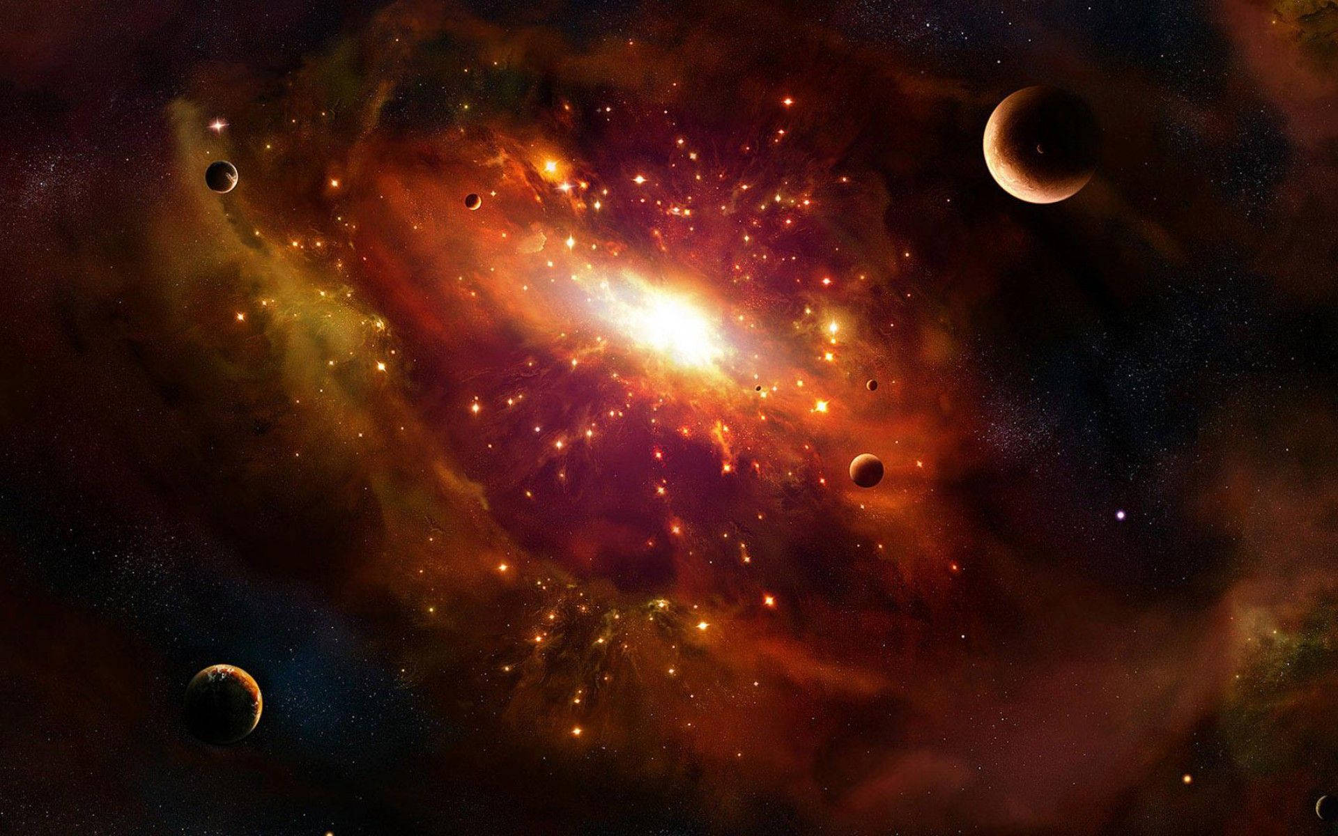 銀河 桌布 壁紙 — 一個充滿活力的宇宙星雲散發著火熱的橙色和深紅色調，行星在佈滿星辰的虛空中漂流。