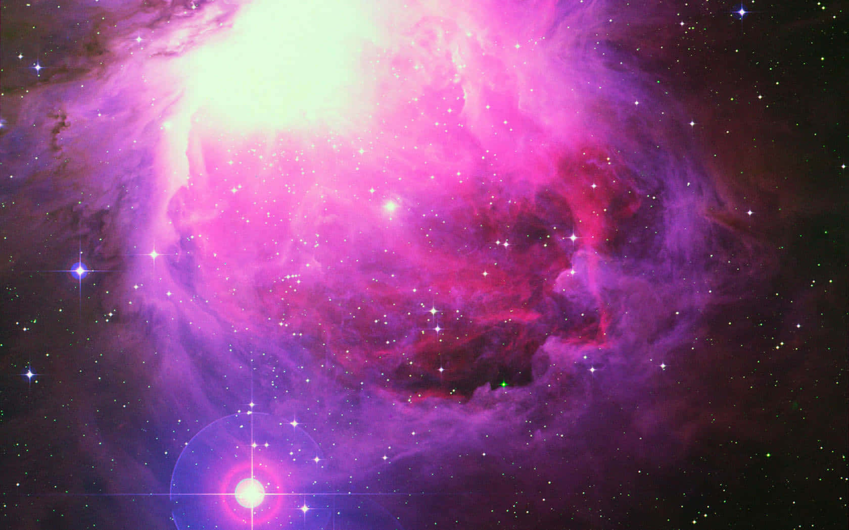 Beautiful Space 桌布 壁紙 — 一個充滿活力的宇宙星雲散發著粉紅色、紫色和白色的色調，周圍環繞著閃爍的星星，背景是黑暗的虛空。