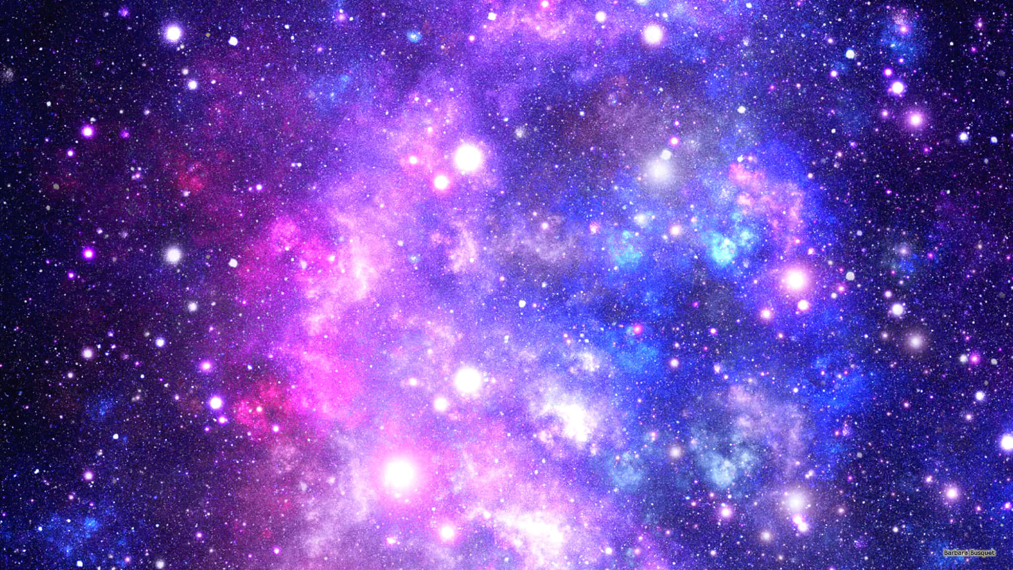 2048x1152 桌布 壁紙 — 一個充滿活力的宇宙星雲旋轉著粉紅色、紫色和藍色的色調，點綴著發光的星星，背景是深邃的太空。