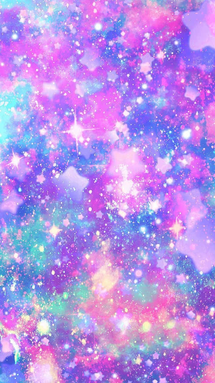 Cute Colorful 桌布 壁紙 — 一個充滿活力的宇宙星雲旋轉著粉紅色、紫色和藍綠色的星星，在夢幻般的銀河背景下發光。