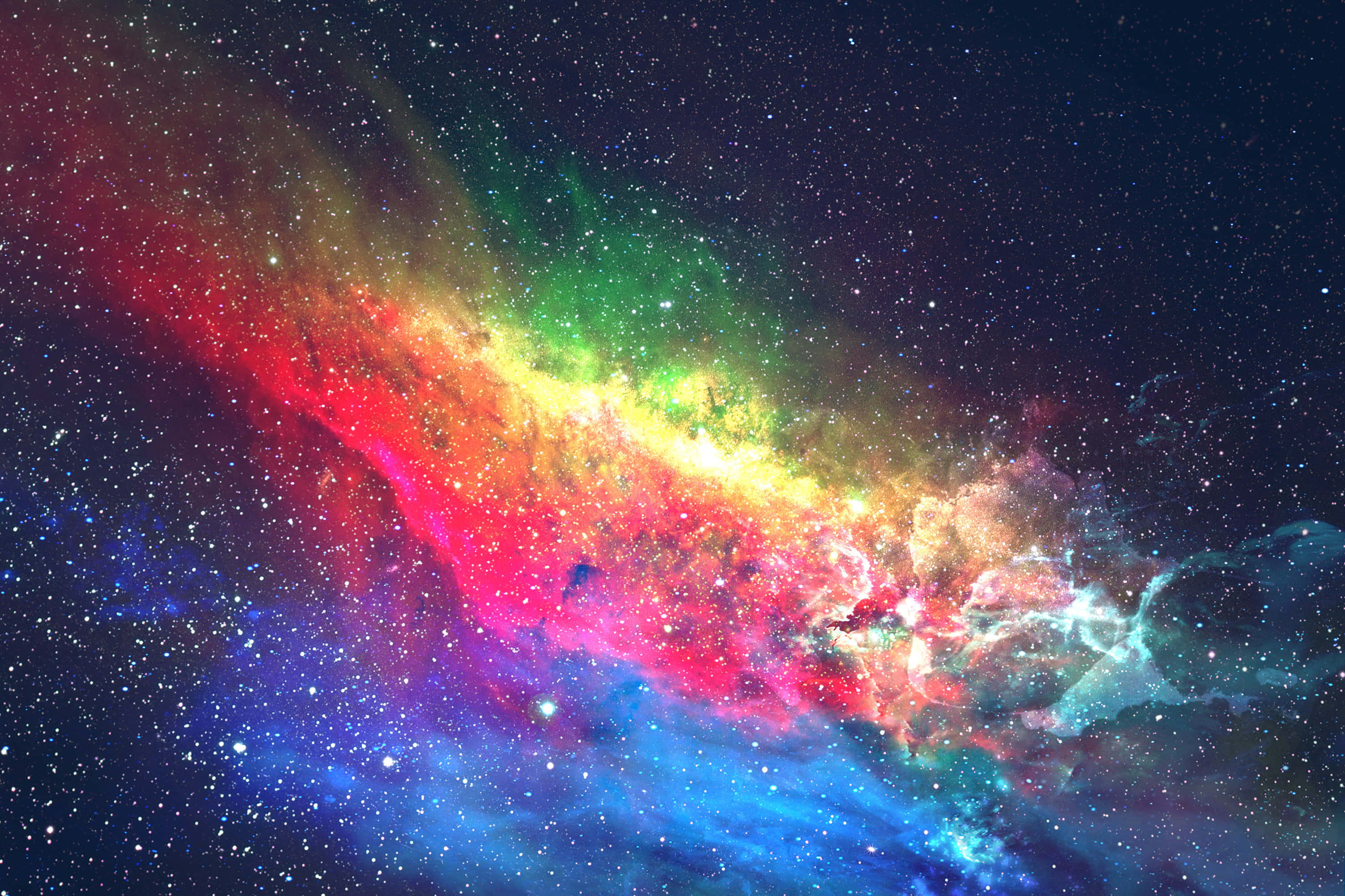 Real Galaxy 桌布 壁紙 — 一個充滿活力的宇宙星雲橫跨星場，閃耀的紅色、綠色和藍色在宇宙雲中旋轉。