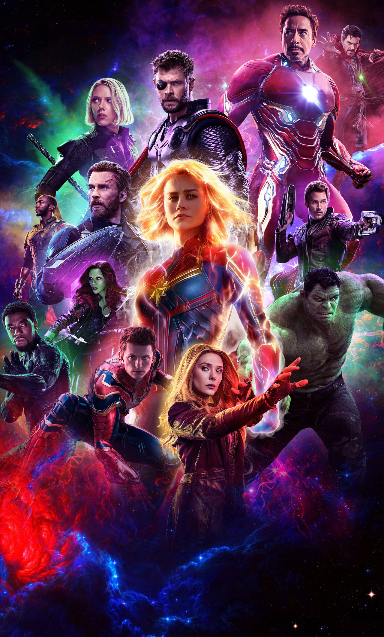 4K Marvel 壁紙 桌布 壁紙 — 一個充滿活力的宇宙漫威超級英雄組合，在電光紫、紅、藍的漩渦星雲前動態擺姿勢。