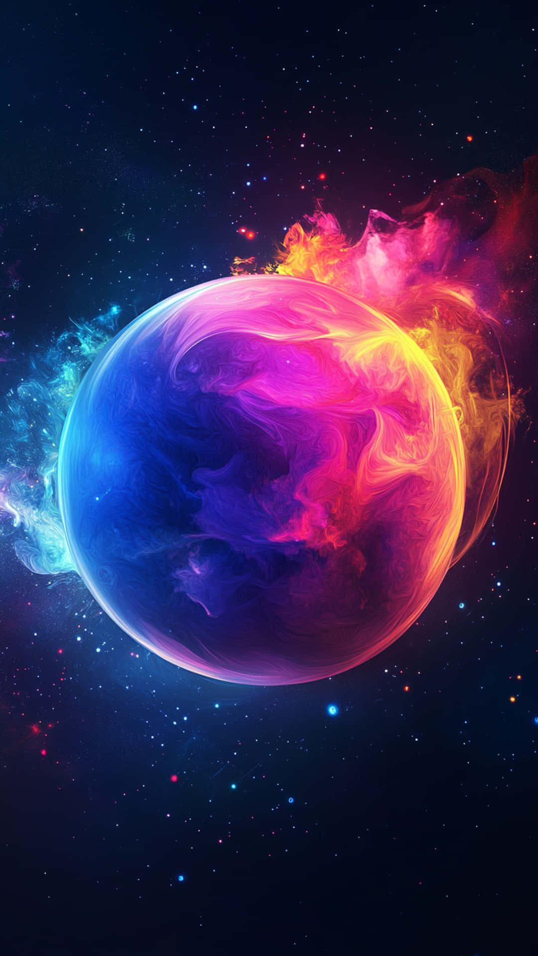 Colourful Galaxy with blue background 壁紙 — 一個充滿活力的宇宙球體，在星空背景下脈動著旋轉的洋紅色和青色星雲。