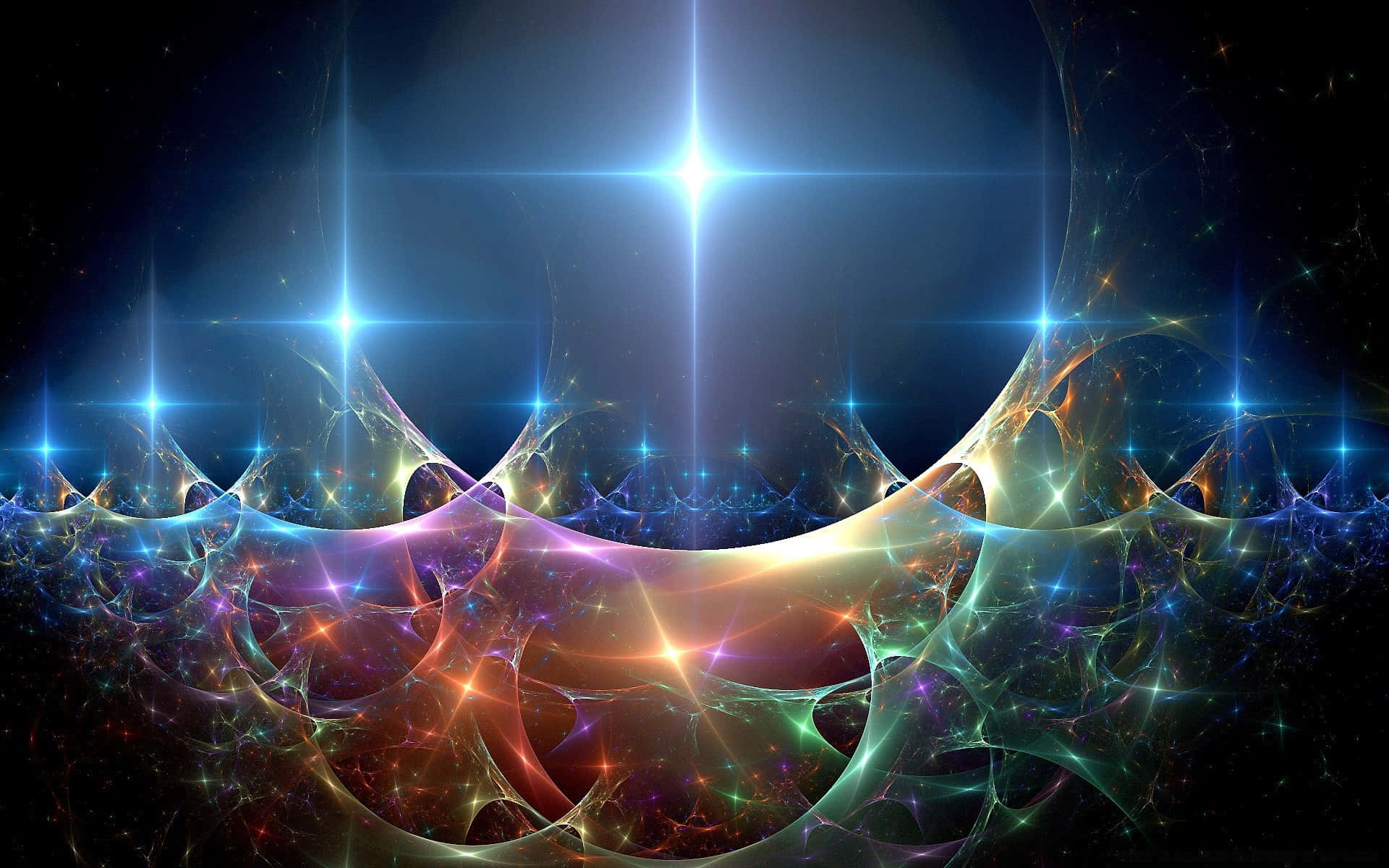 Reiki 桌布 壁紙 — 一個充滿活力的宇宙碎形，在黑暗的星場背景下，從中央的星爆發出發光的藍色和橙色卷鬚。