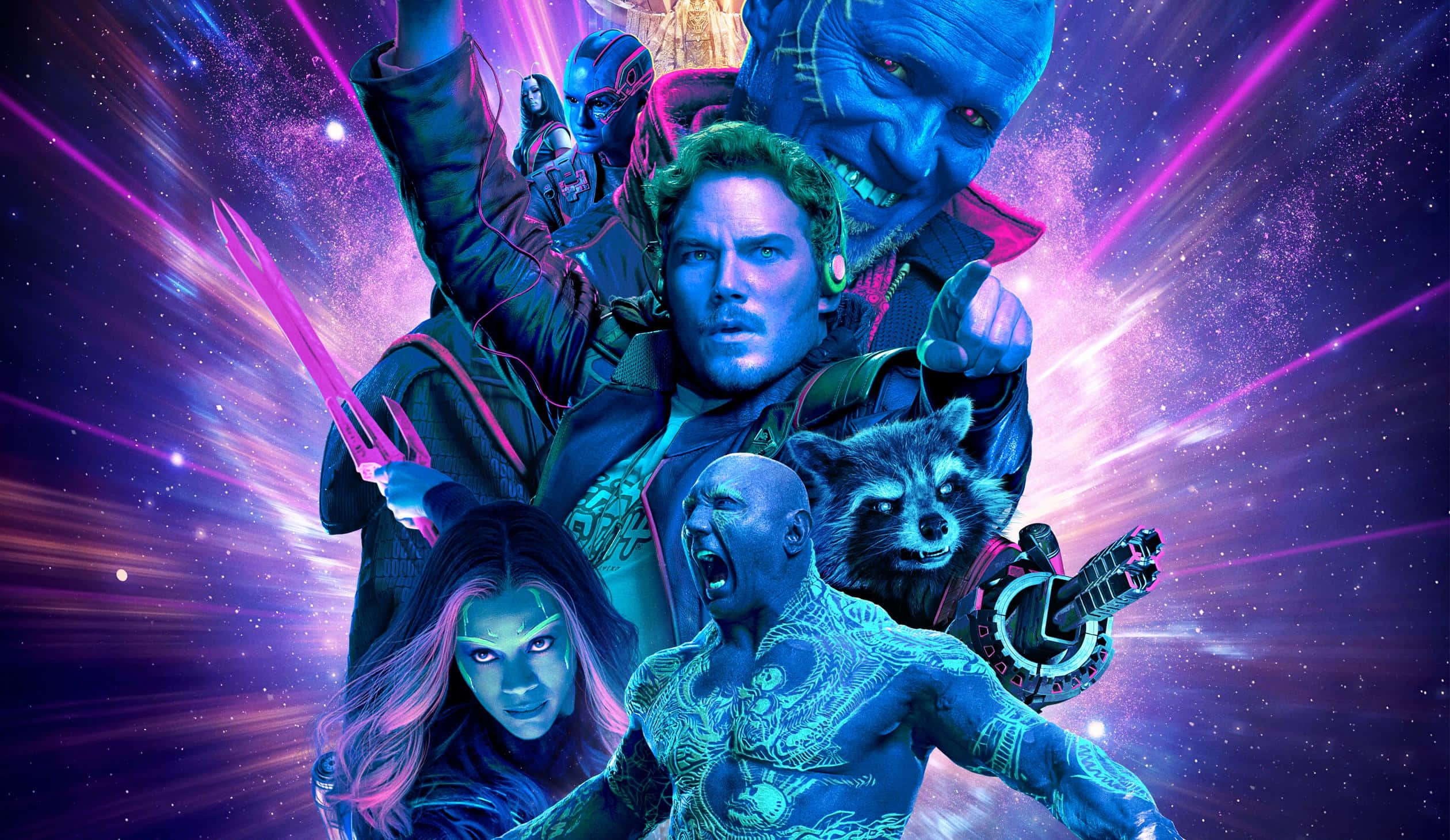 Guardians Of The Galaxy 2 桌布 壁紙 — 一個充滿活力的宇宙組合，星際異攻隊角色在星爆星系背景下動態擺姿勢。